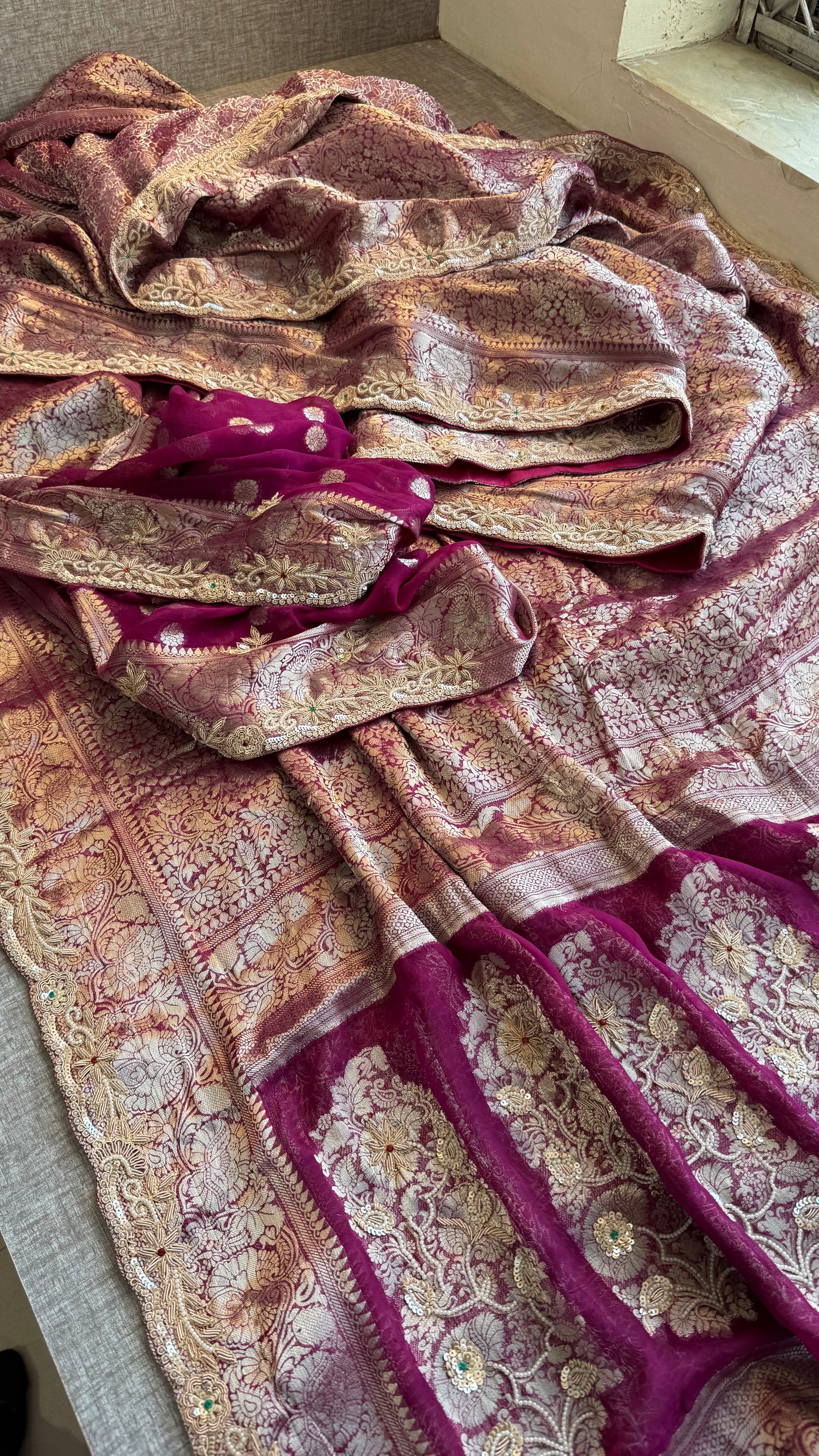 Wedding Wear Banarasi Khaddi Georgette Saree with Pearl Sequin Gotapatti Work