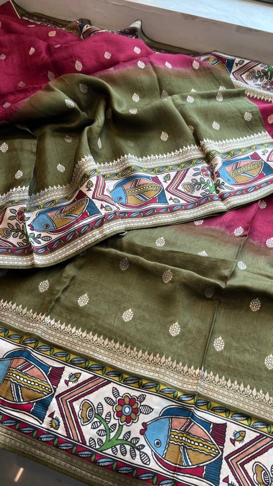 Soft Munga Silk Banarasi Kanni Weaving Saree with Madhubani Border