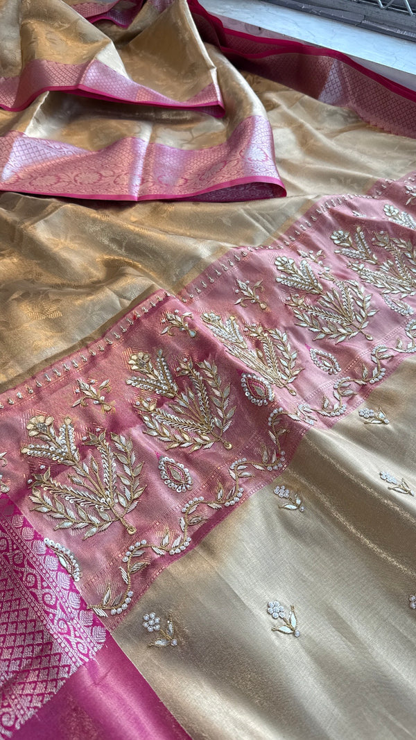 Gold and Pink Kanjivaram Banarasi Silk Zari Weaving Saree with Gota Patti and Zardozi Handwork, Designer Wedding & Festive Wear