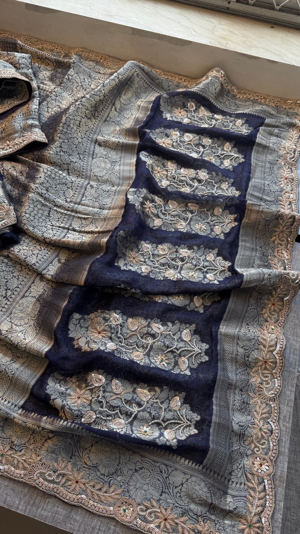 Wedding Wear Banarasi Khaddi Georgette Saree with Pearl Sequin Gotapatti Work