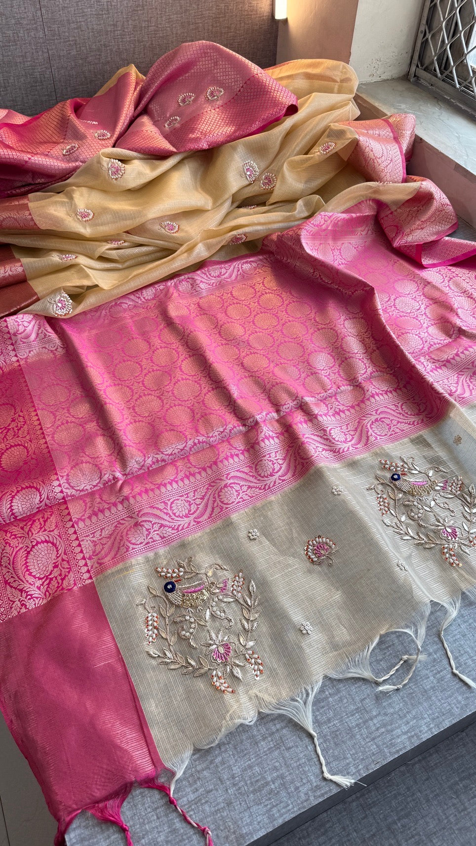 Soft Tissue Kota Silk Banarasi Weaving Saree with Gotapatti, Pearl & Sequin Embellishments