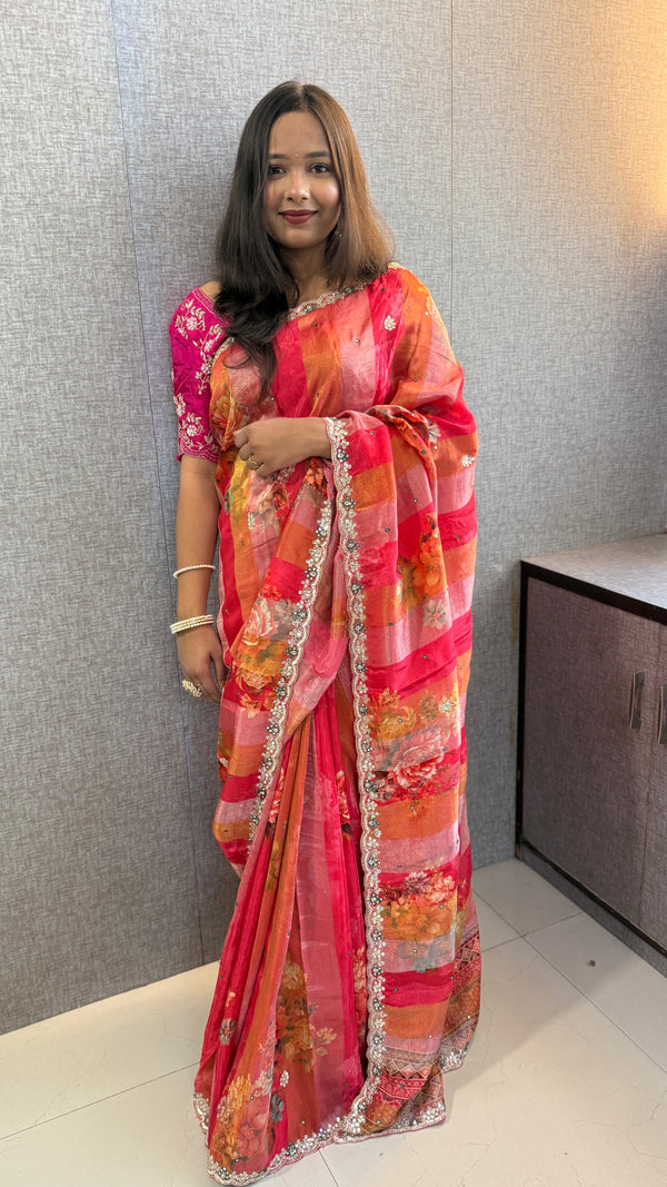 Cosmo Silk Digital Print Saree with Resham, Sequins, Aari & Mirror Work Scallop Border