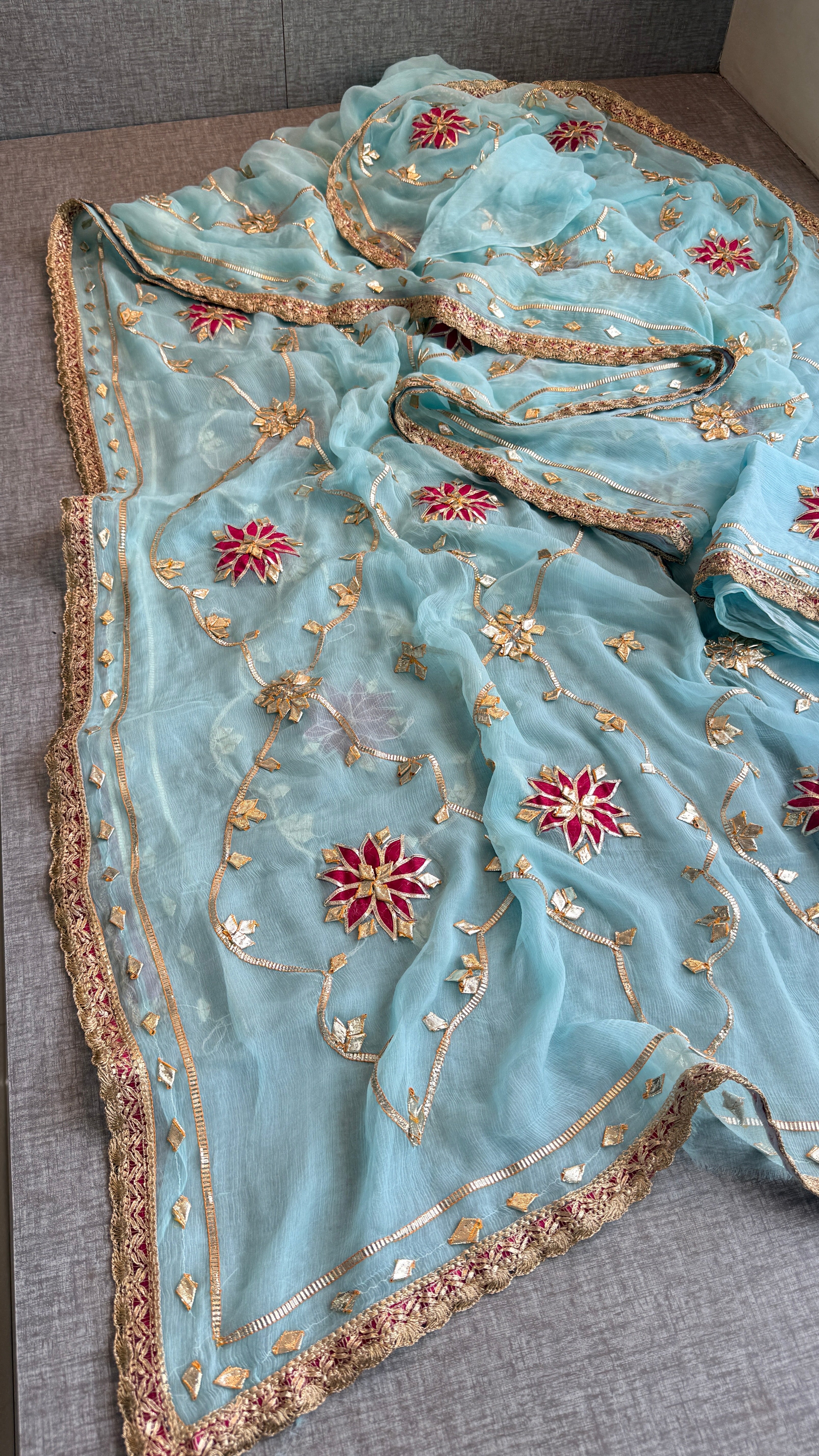 Firozi Chiffon Sikhiya Gotapatti All over Jaal Saree
