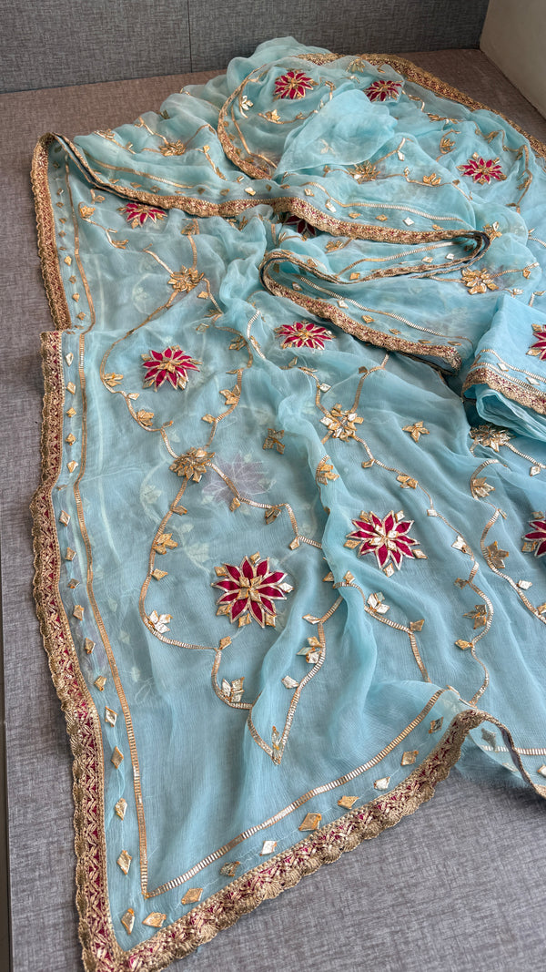 Firozi Chiffon Sikhiya Gotapatti All over Jaal Saree