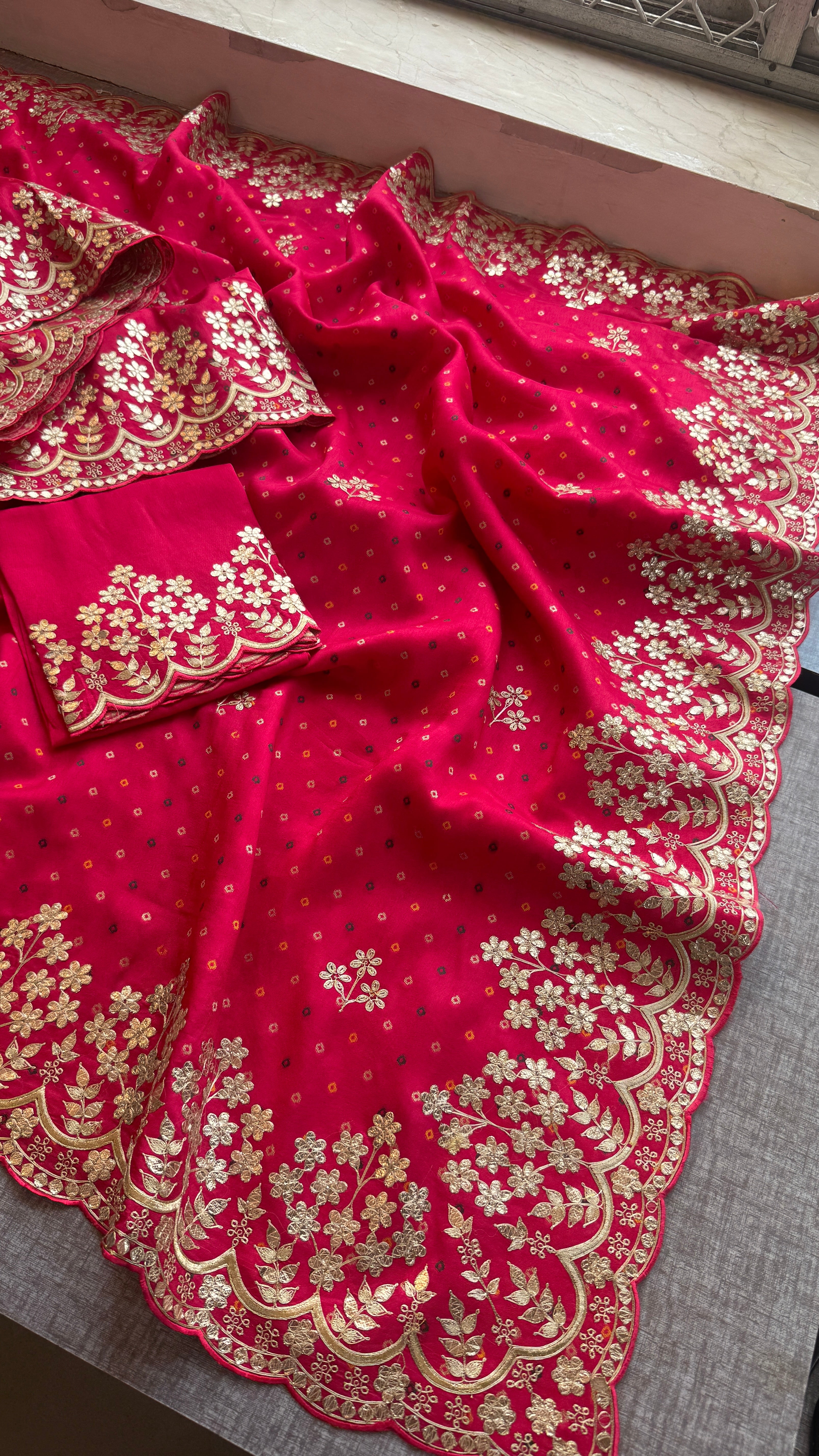 Rani Pink Soft Silk Bandhani Saree - Embroidered Designer Bridal