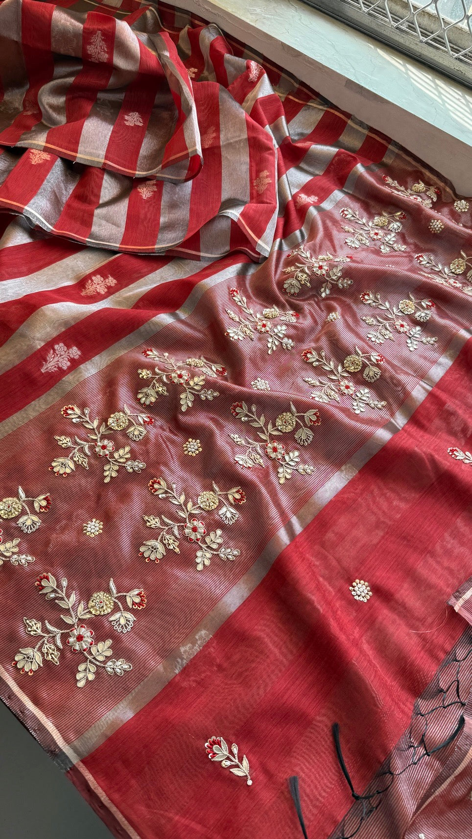 Pure Soft Silk Banarasi Weaving Saree with Zardozi Gotapatti & Pearl Sequins Pallu