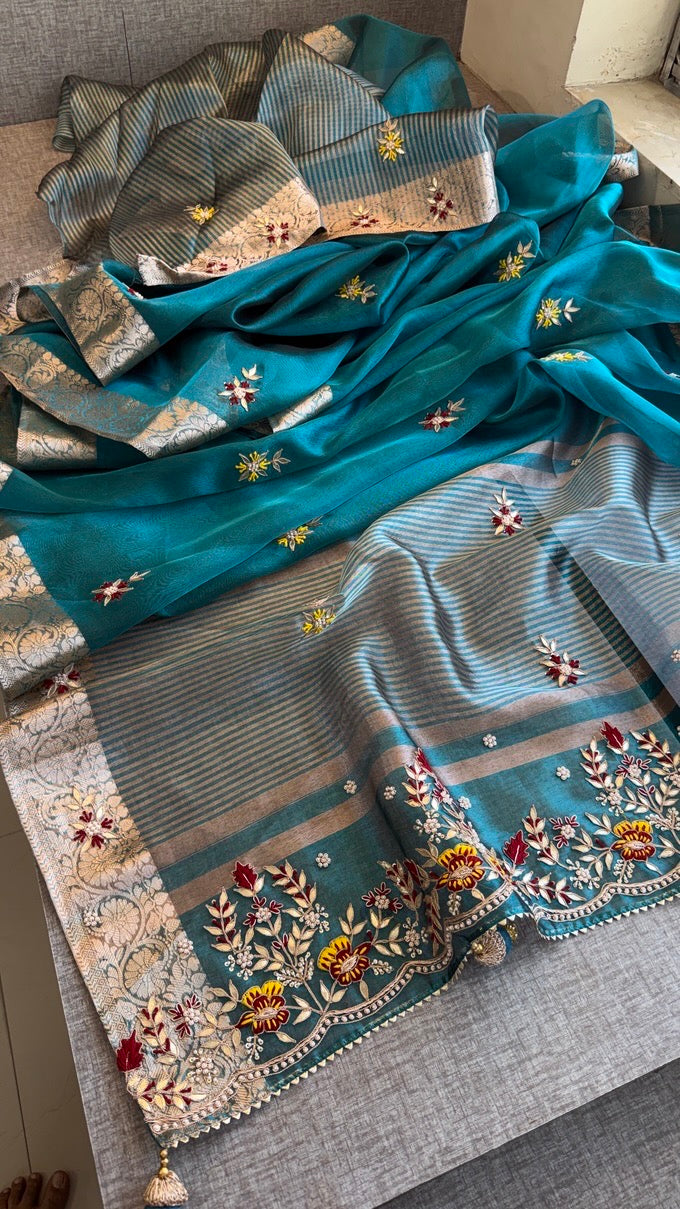 Luxury Tissue Silk Saree with Heavy Handwork Border & Designer Blouse