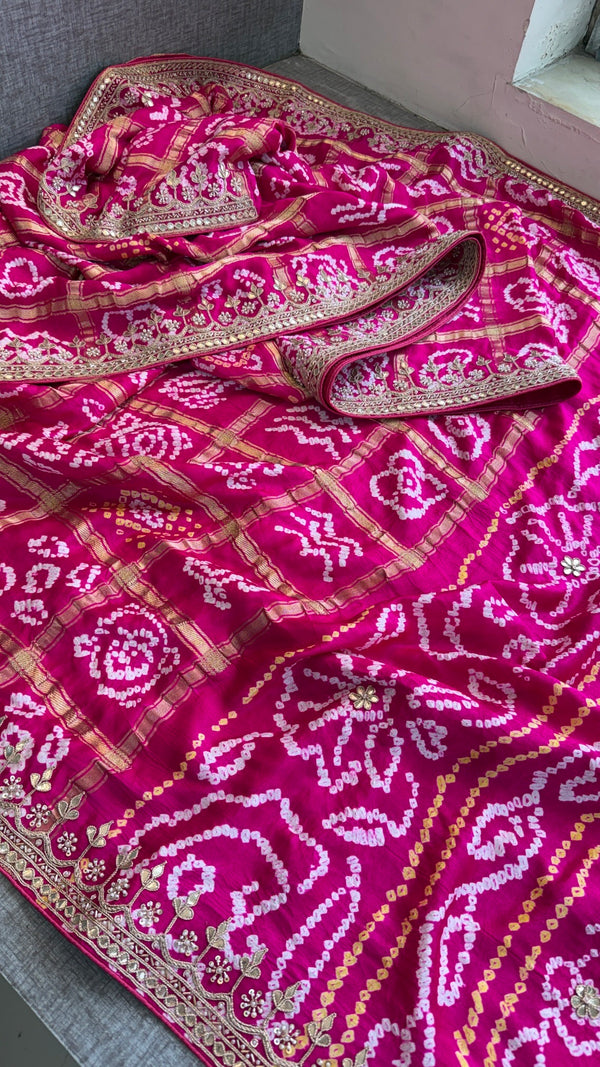 Pure Gajji Silk Bandhani Saree with Banana Wave Print & Handcrafted Gotapatti Aari Work