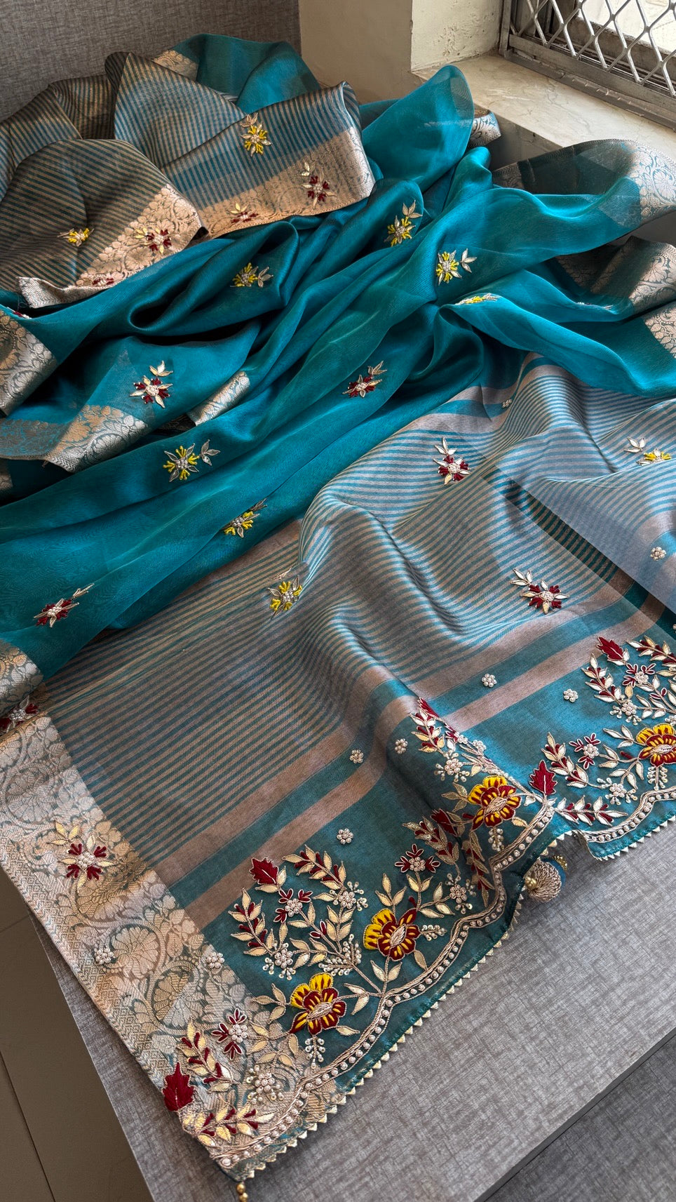 Tissue Silk Banarasi Saree with Gotapatti, Zardozi & Pearl Handwork – Heavy Designer Pallu