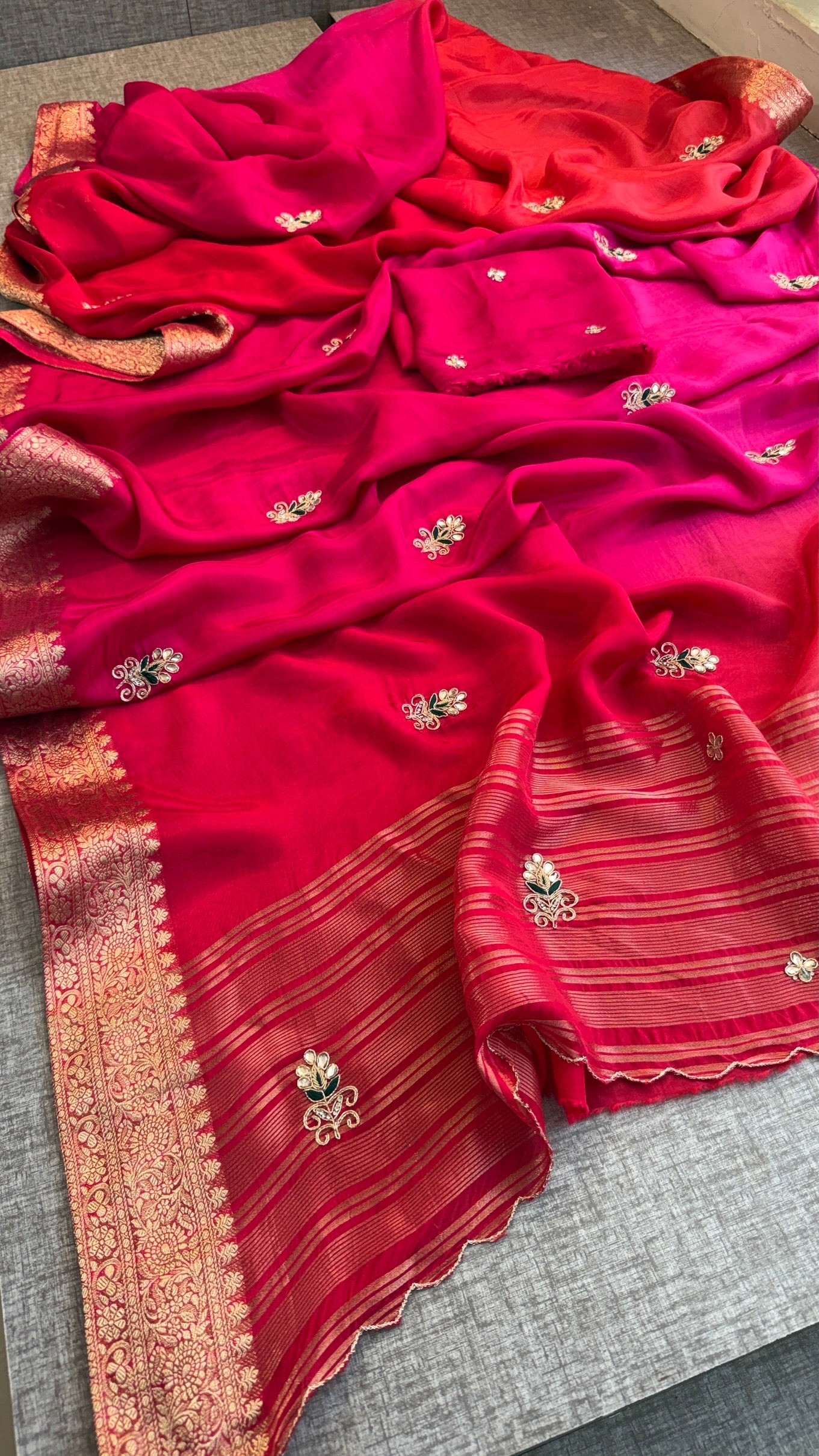 Stunning Dual-Tone Pink and Red Pure Silk Saree with Gota Patti Handwork and Banarasi Border