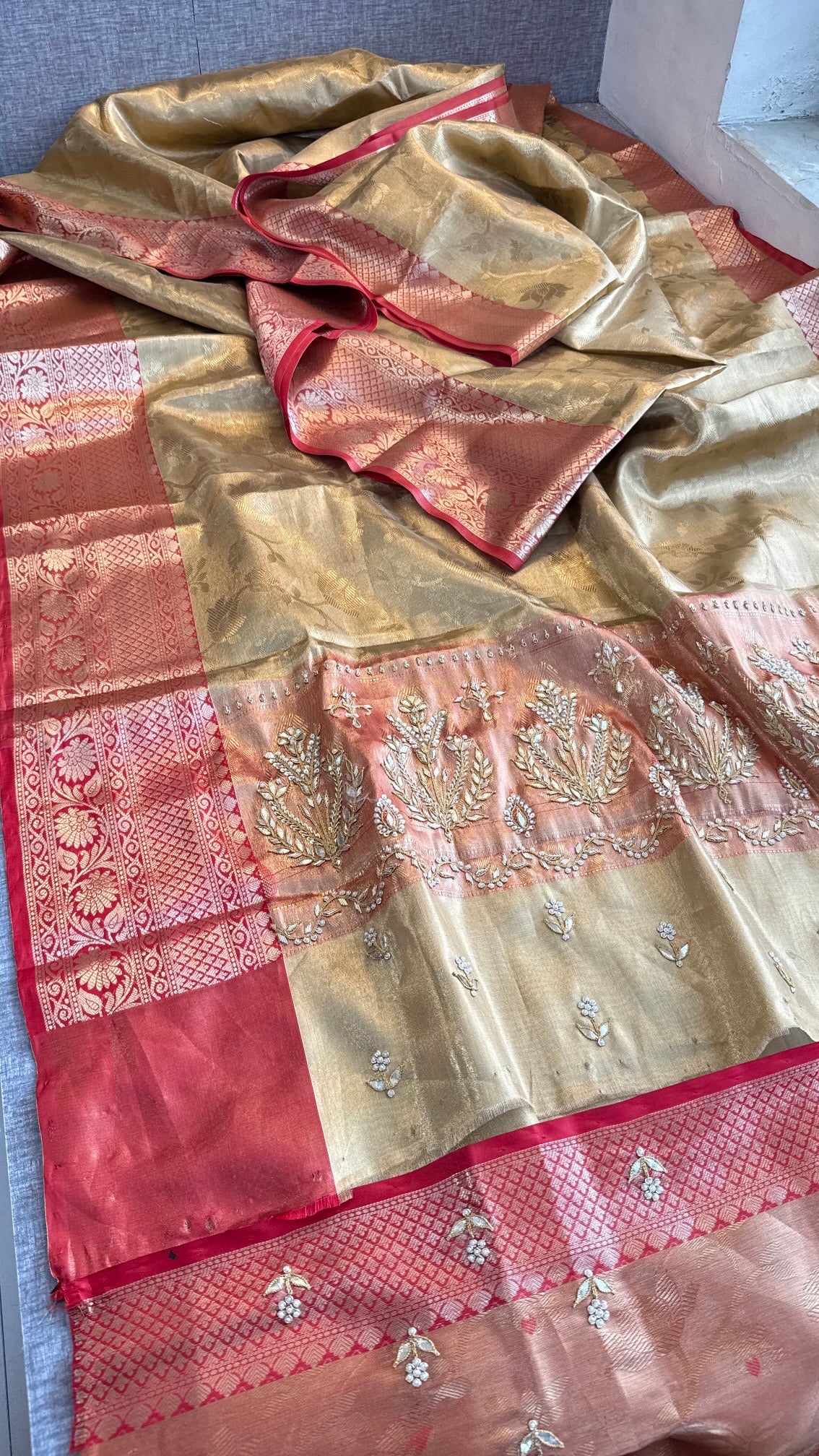 Gold and Red Kanjivaram Banarasi Silk Zari Weaving Saree with Gota Patti and Zardozi Handwork, Designer Wedding & Festive Wear