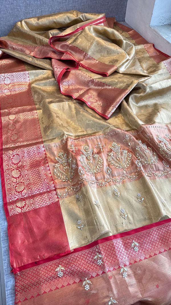 Gold and Red Kanjivaram Banarasi Silk Zari Weaving Saree with Gota Patti and Zardozi Handwork, Designer Wedding & Festive Wear