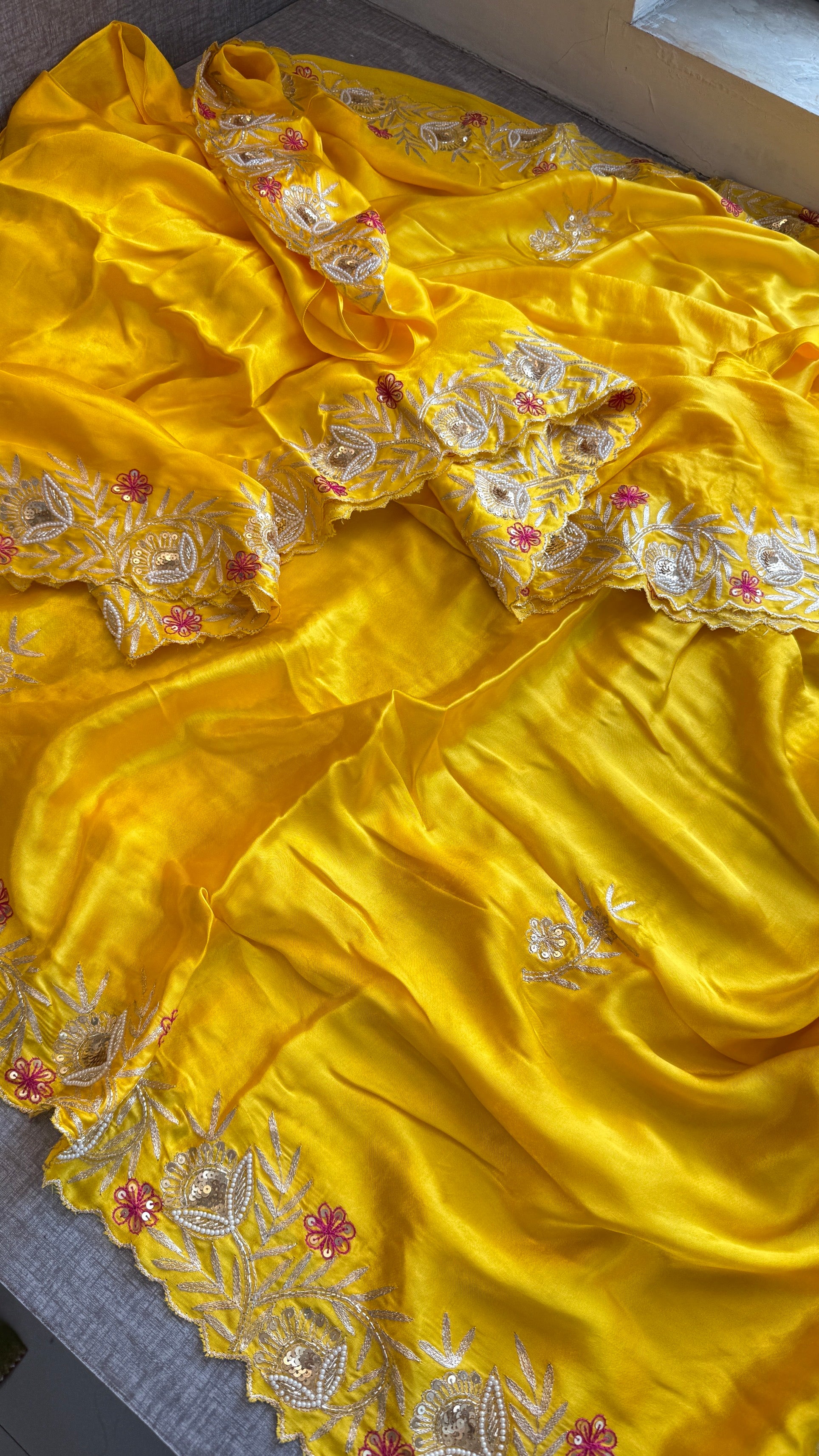 Designer Yellow Pure Gajji Silk Saree with Aari, Cutdana, and Gota Patti Handwork with Blouse