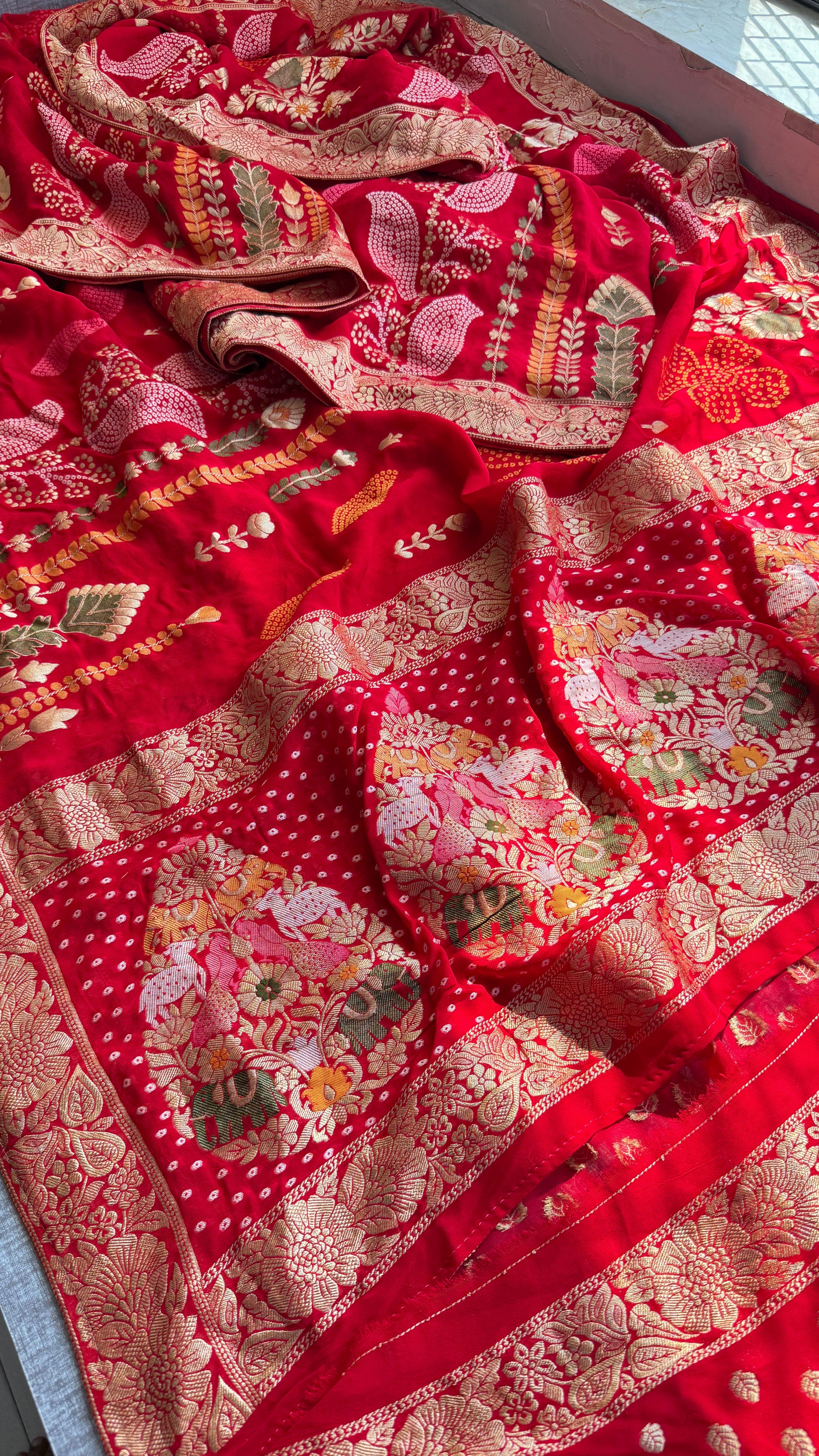 Traditional Red Banarasi Soft Georgette Saree with Heavy Zari Border