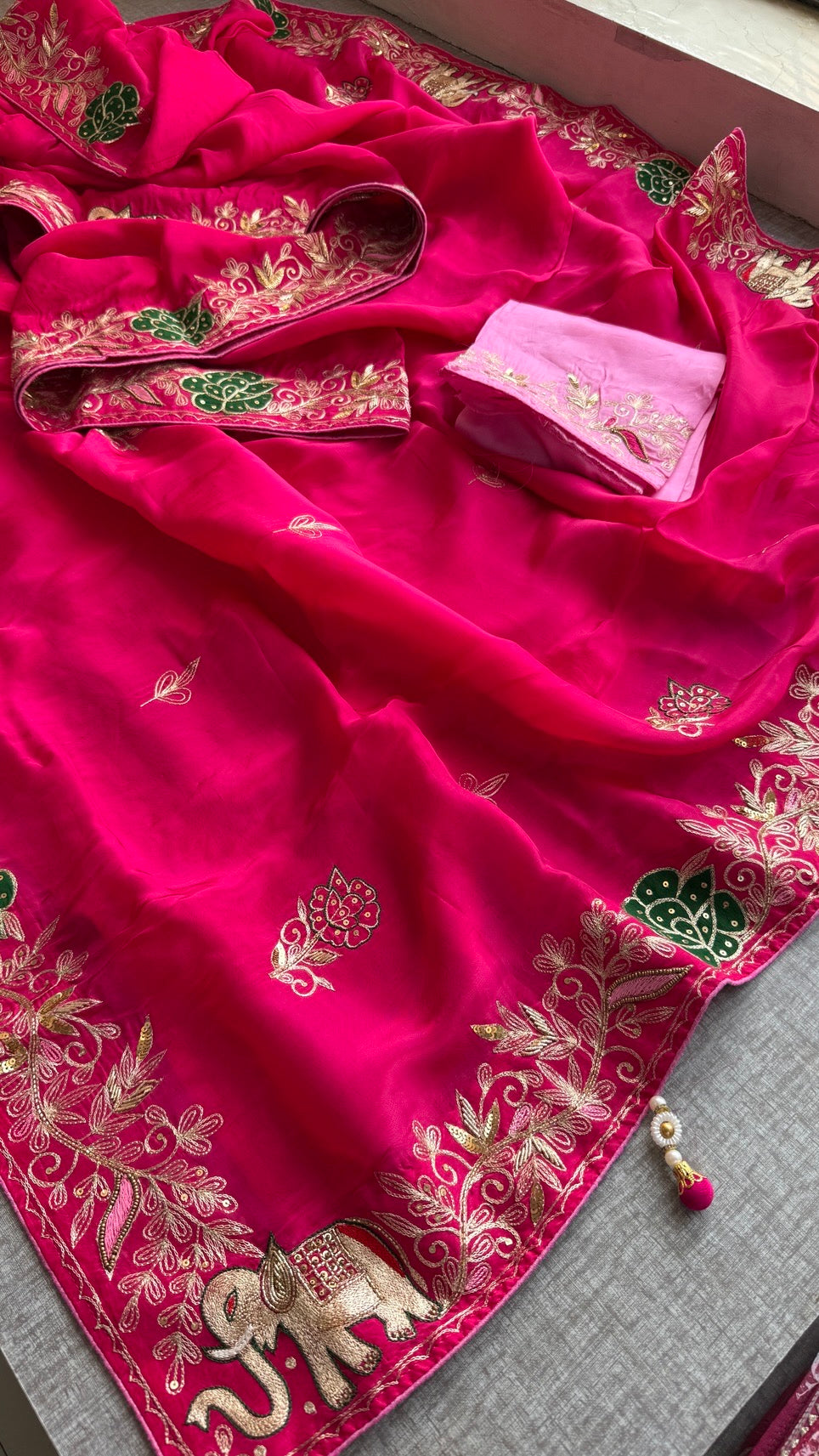 Soft Munga Silk Saree with Resham, Cutdana & Sequin Work with Designer Blouse