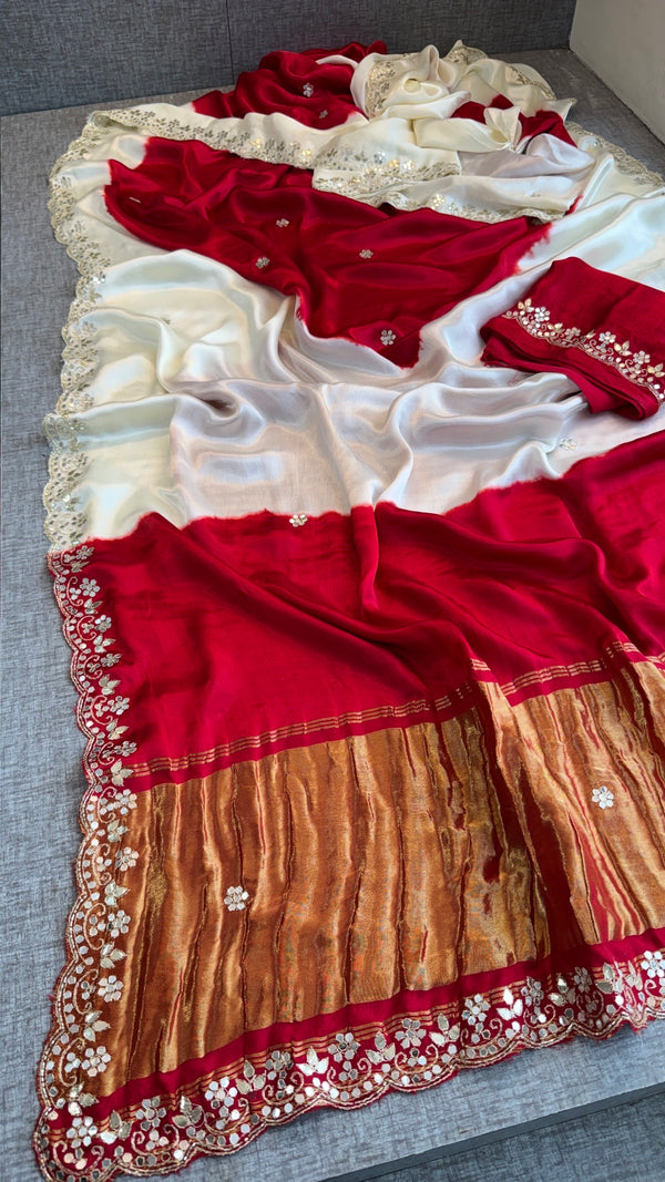 Exquisite Dual-Shade Pure Gajji Silk Saree with Traditional Gota Patti & Mirror Work