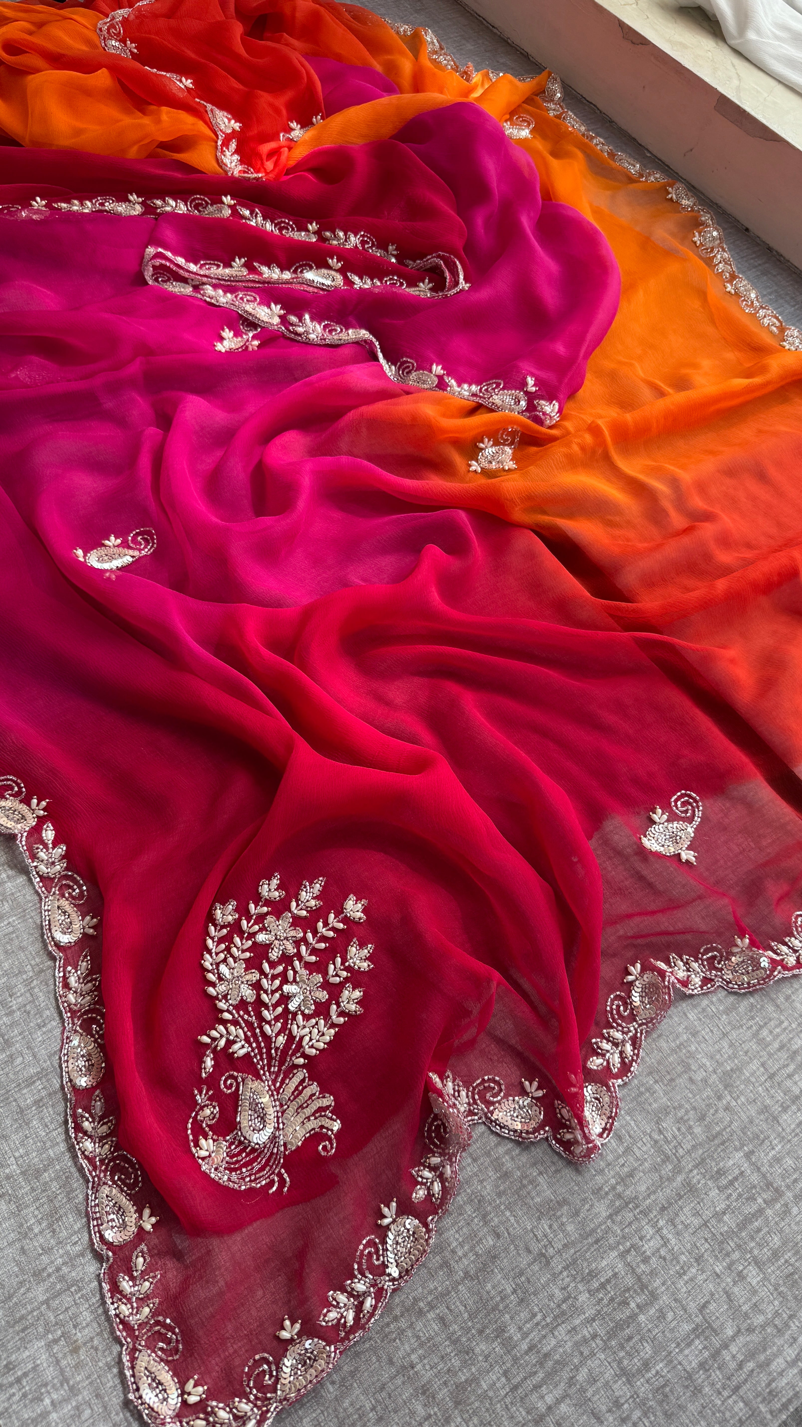 Multi Shade Summer Chiffon Saree with Cutdana, Moti & Sequins Work