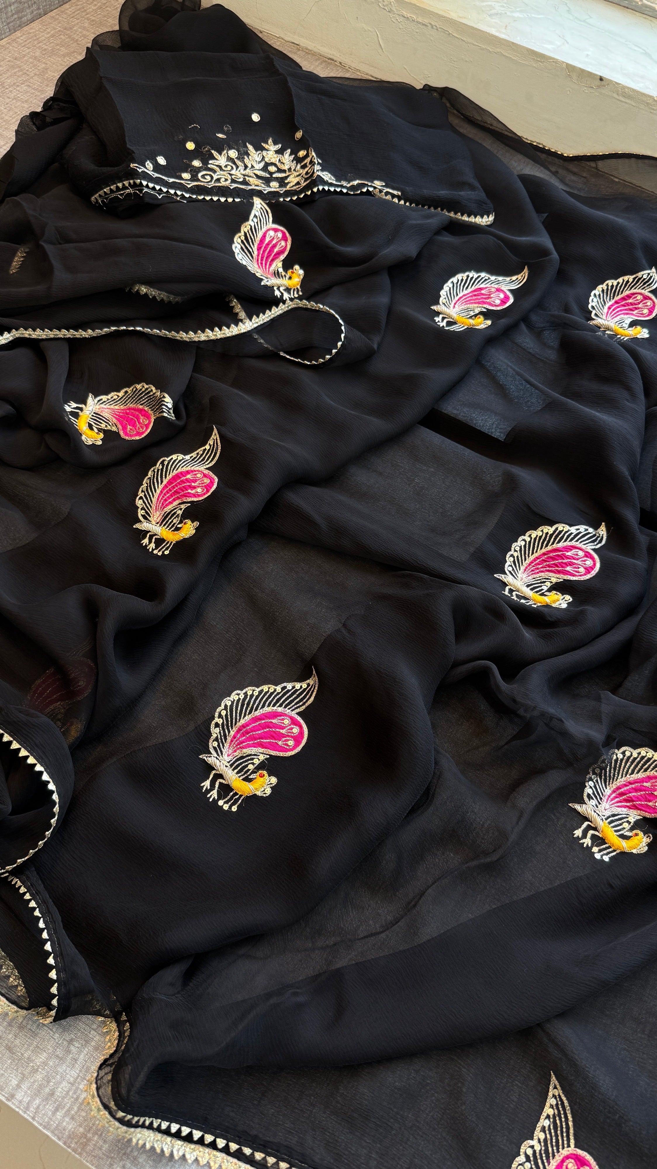 Black chiffon Saree with zardozi, kutdana and sequins work