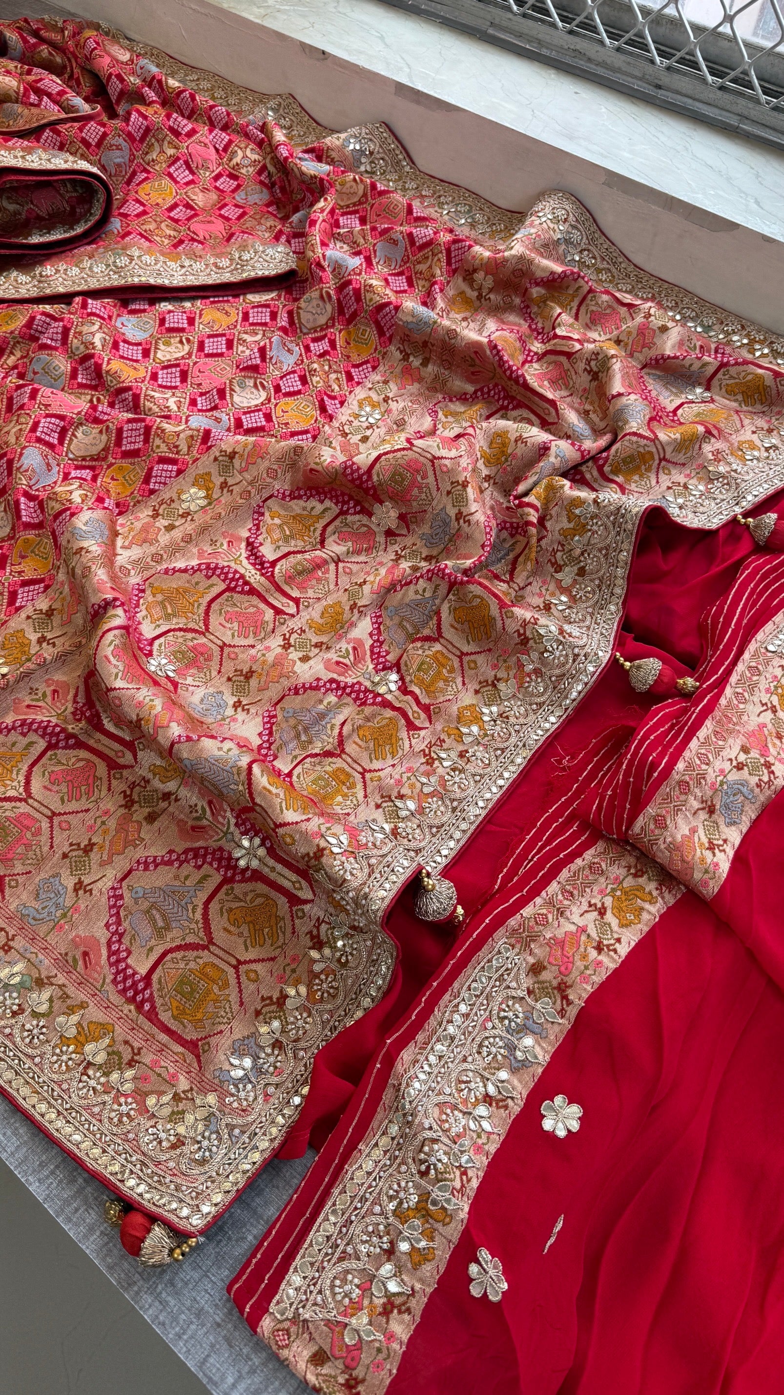 Khaddi georgette Banarasi weaving Saree with gotapatti work and tussles over pallu