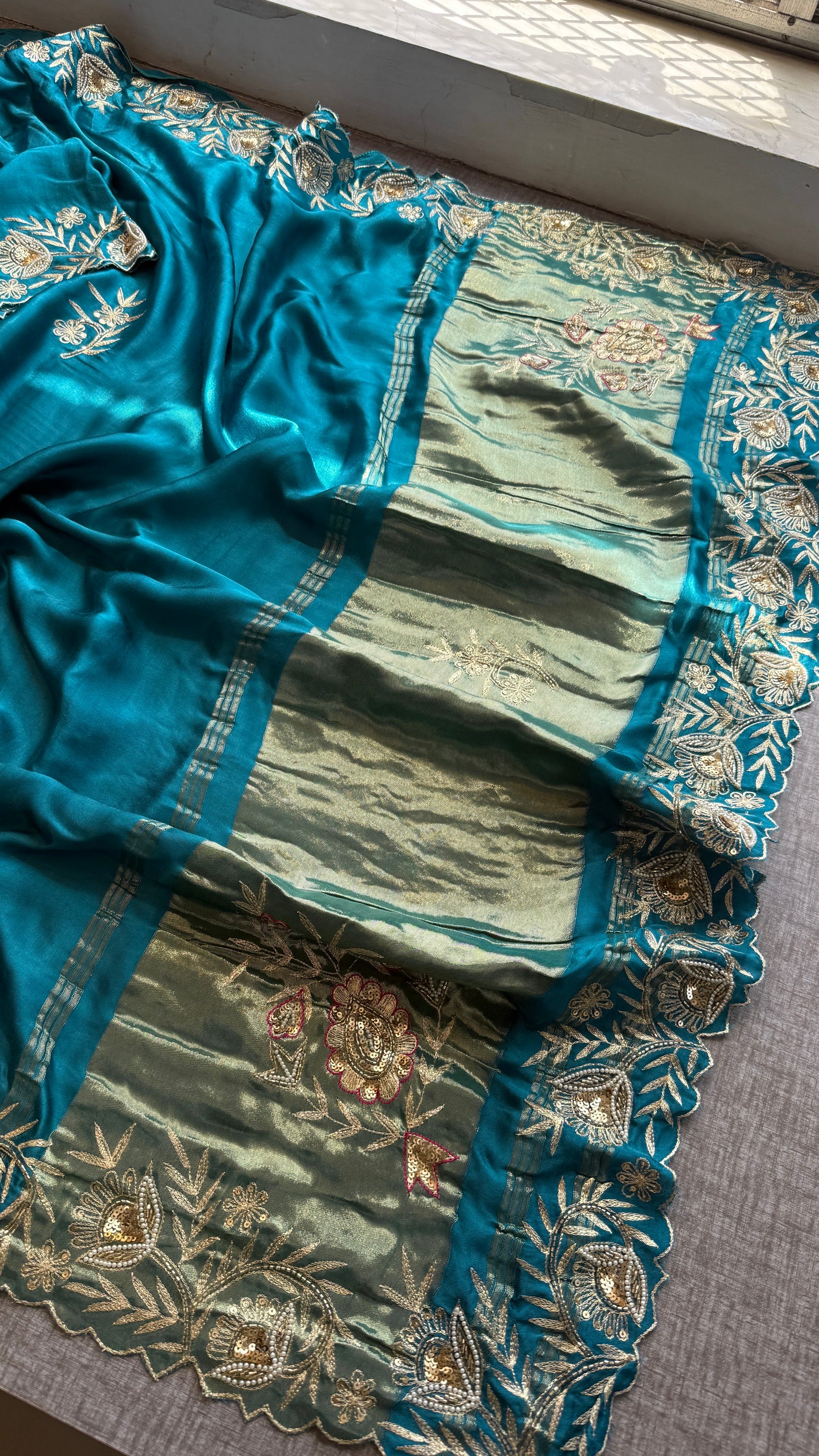 Designer Teal Blue Pure Gajji Silk Saree with Aari, Cutdana, and Gota Patti Handwork with Blouse