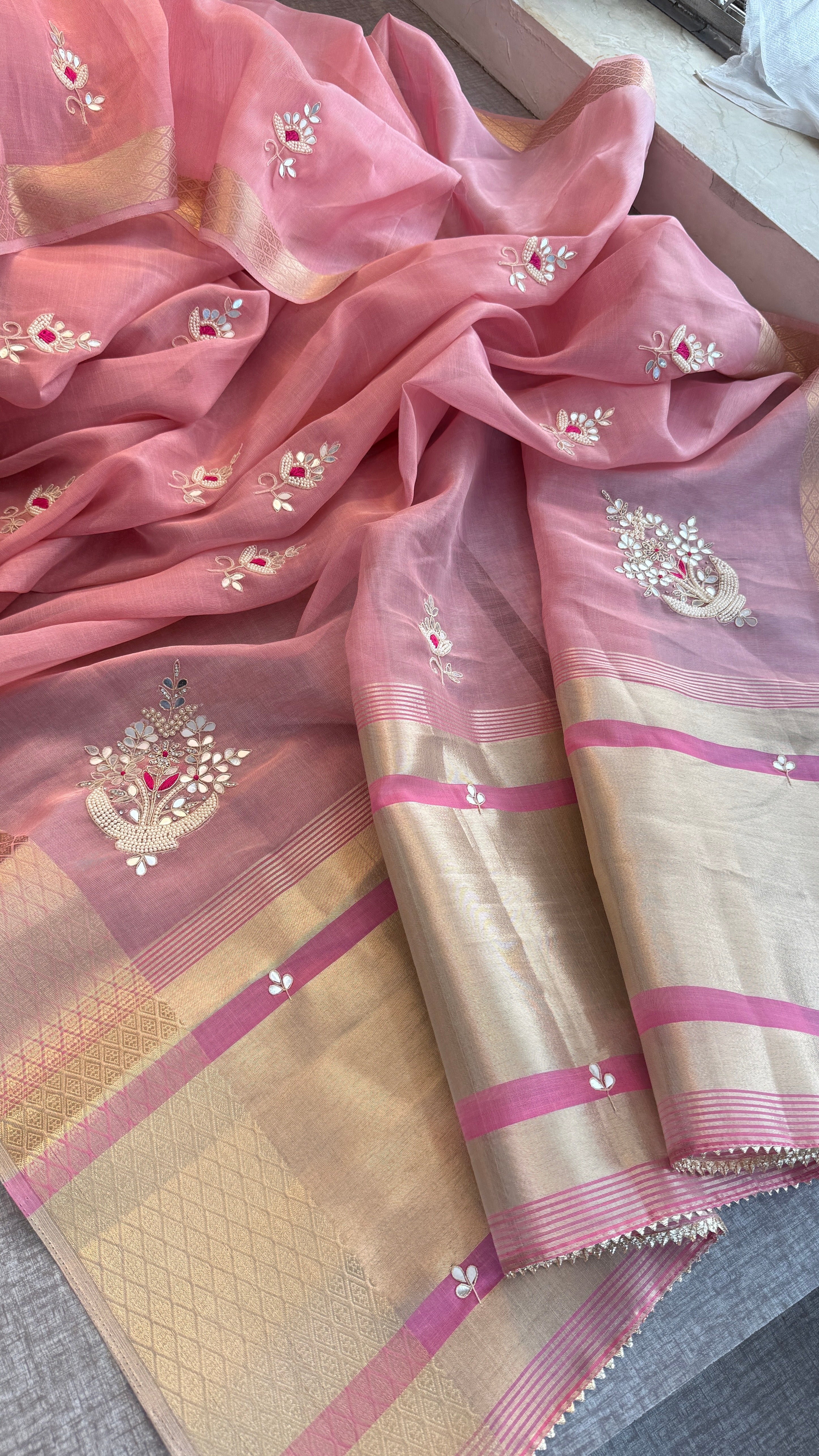 Cotton Tissue Silk Saree with Zari Border & Resham Moti Butti | Festive Wear Saree with Matching Blouse