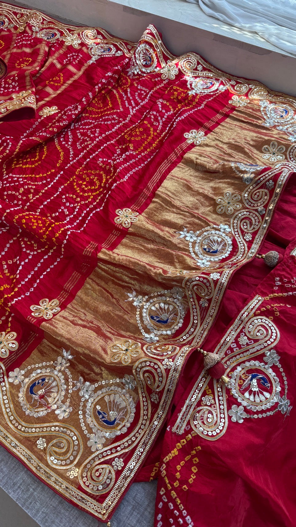 Pure Gajji Silk Lakdi Patta Bandhani Saree with Gota Patti, Zardozi & Peacock Handwork
