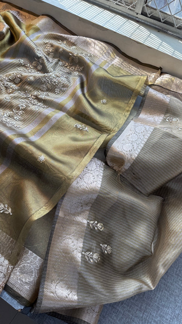 Pure Soft Silk Banarasi Weaving Saree with Zardozi Gotapatti & Pearl Sequins Pallu