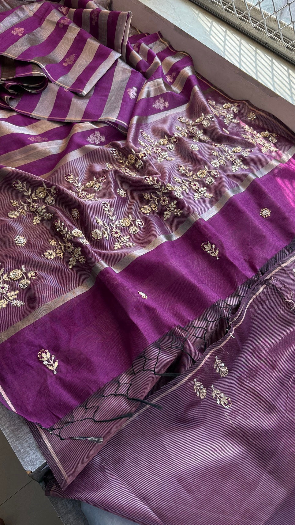 Pure Soft Silk Banarasi Weaving Saree with Zardozi Gotapatti & Pearl Sequins Pallu