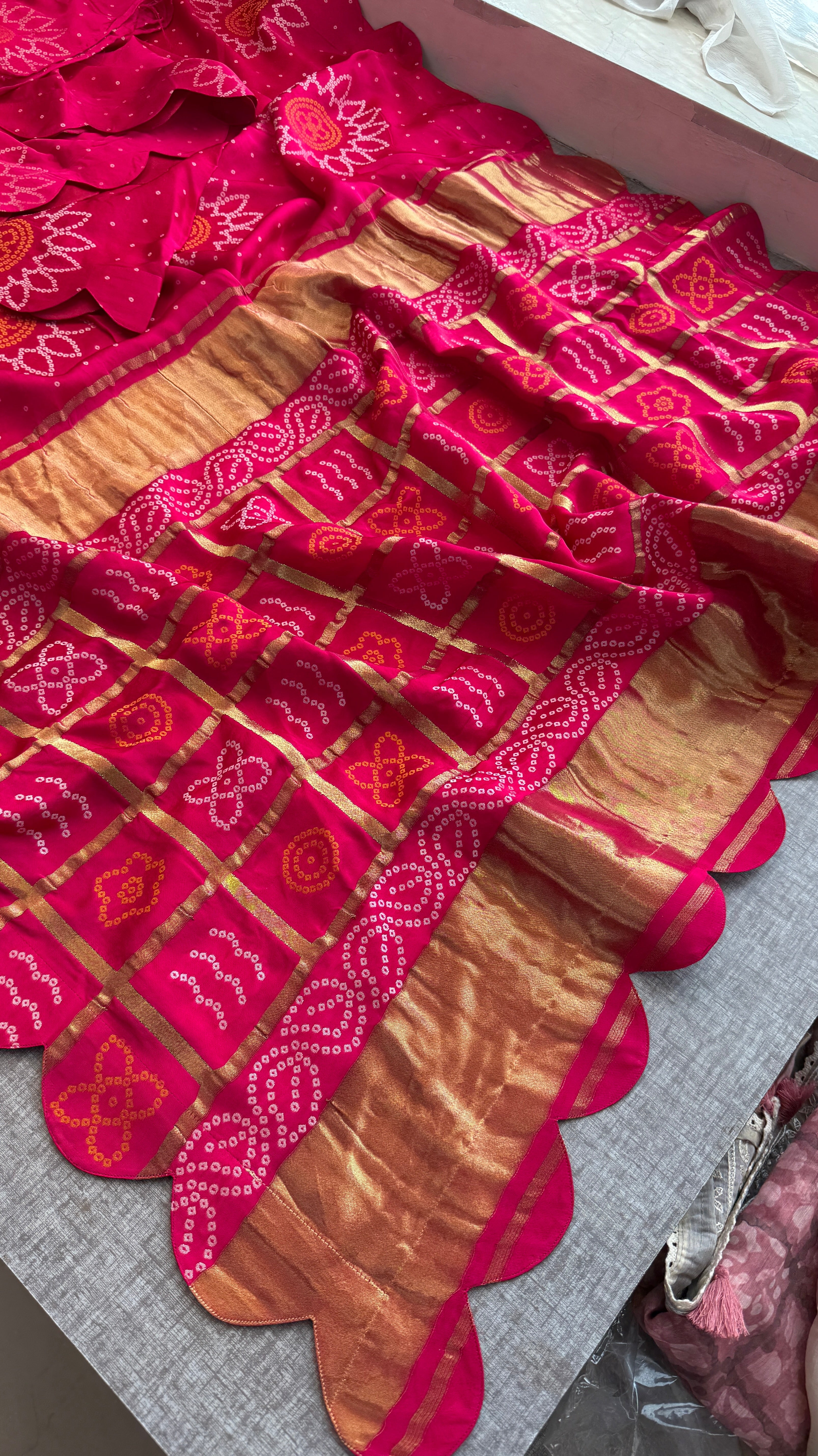 Pure Satin Silk Golden Bandhani weaving saree with lakdi patta