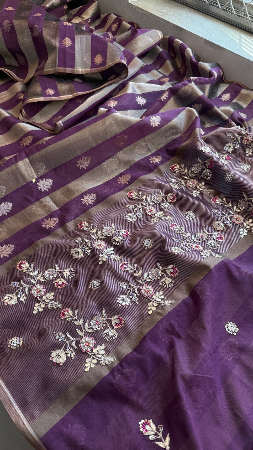Pure Soft Silk Banarasi Weaving Saree with Zardozi Gotapatti & Pearl Sequins Pallu
