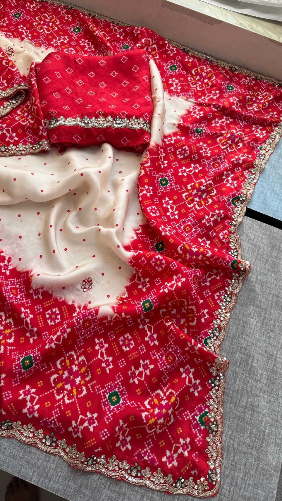 Soft Munga Silk Digital Print Saree with Zardozi, Kutdana, Pearl, Sequins & Stone Work with Designer Blouse
