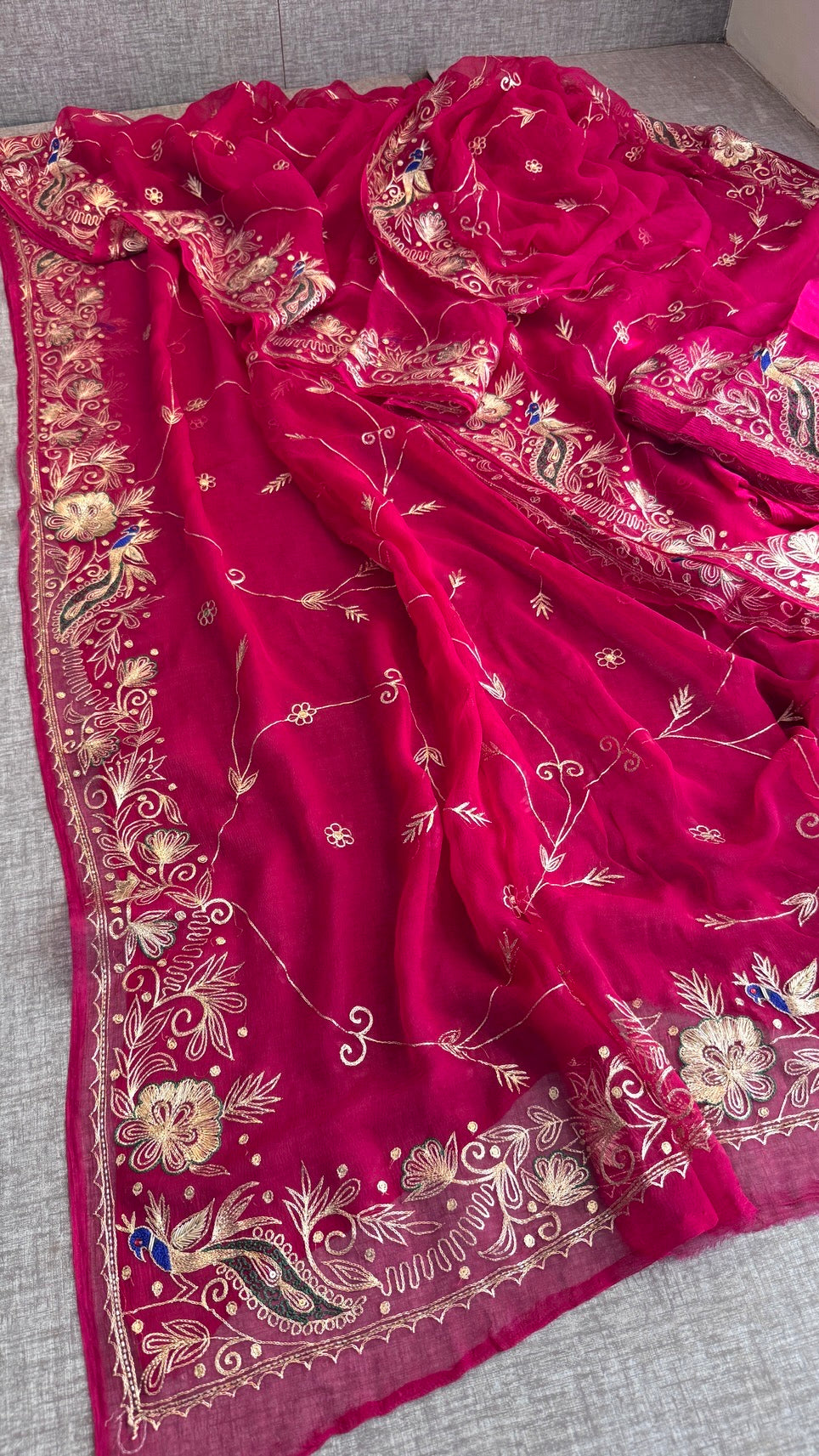 Handcrafted Chiffon Saree with Aari Pittan Peacock Work