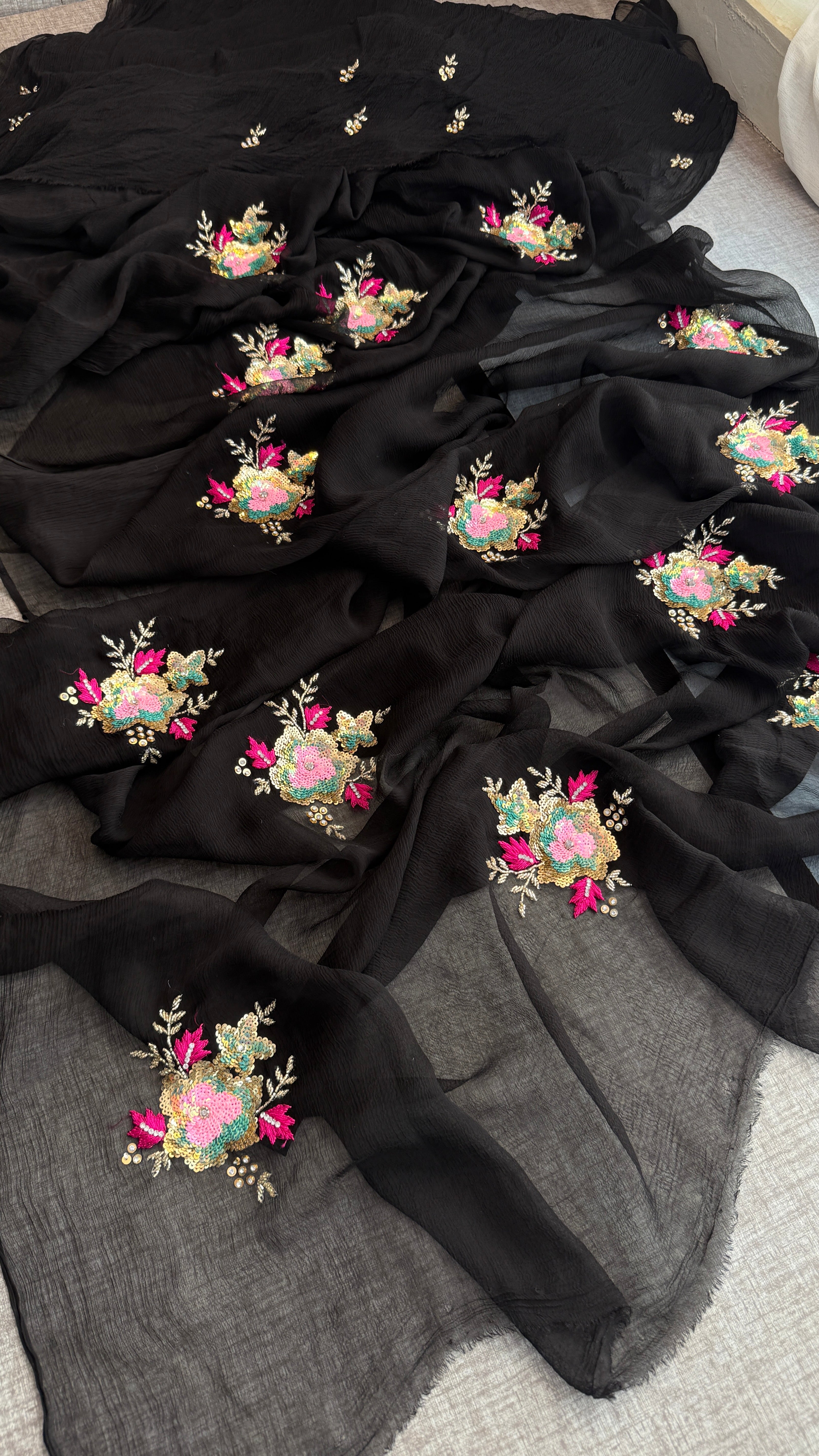 Midnight Black Chiffon Saree with Multi Sequins Butta & Resham Work