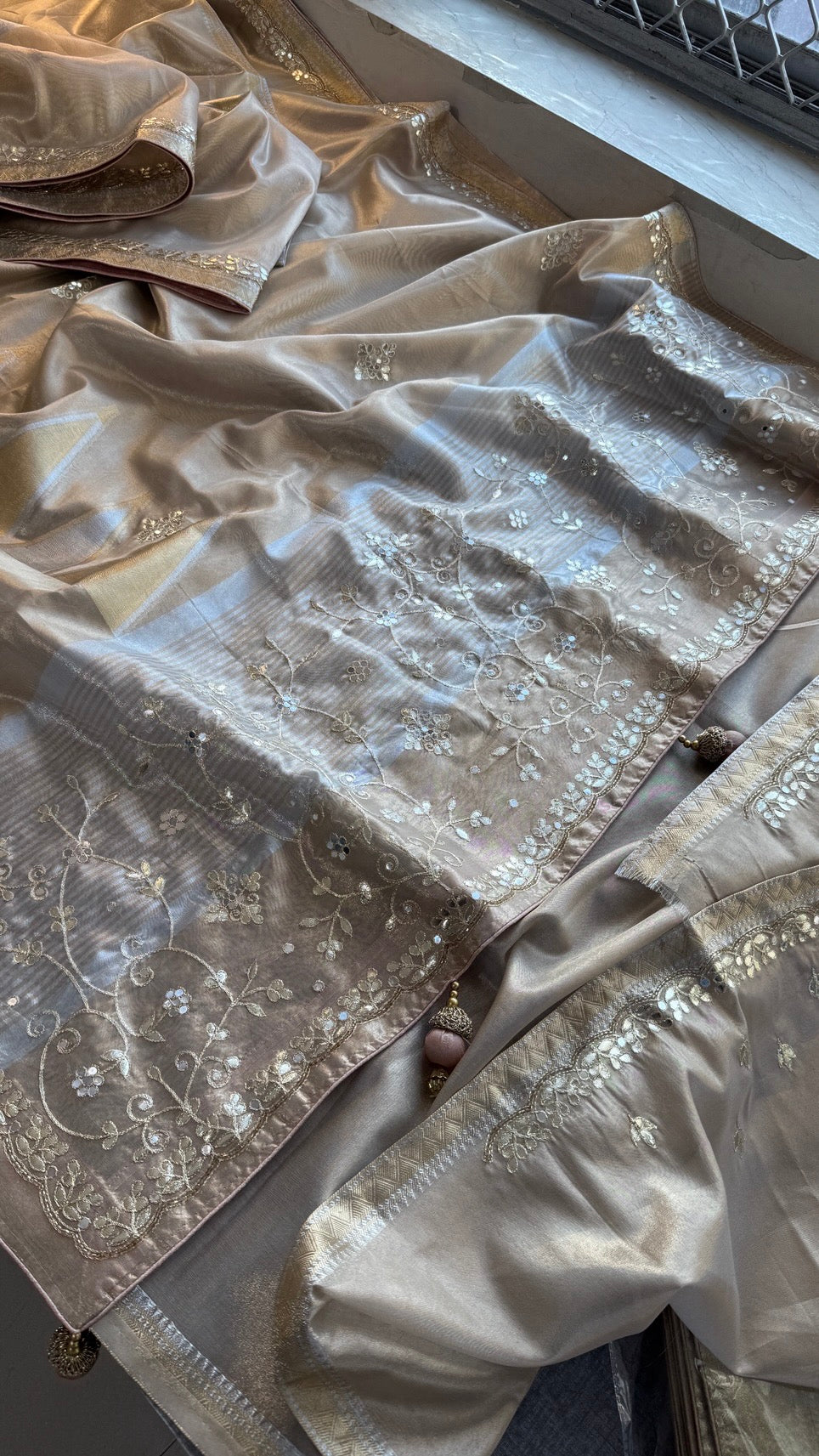 Pure Soft Tissue Silk Banarasi Weaving Saree with Gotapatti & Kutdana Handwork