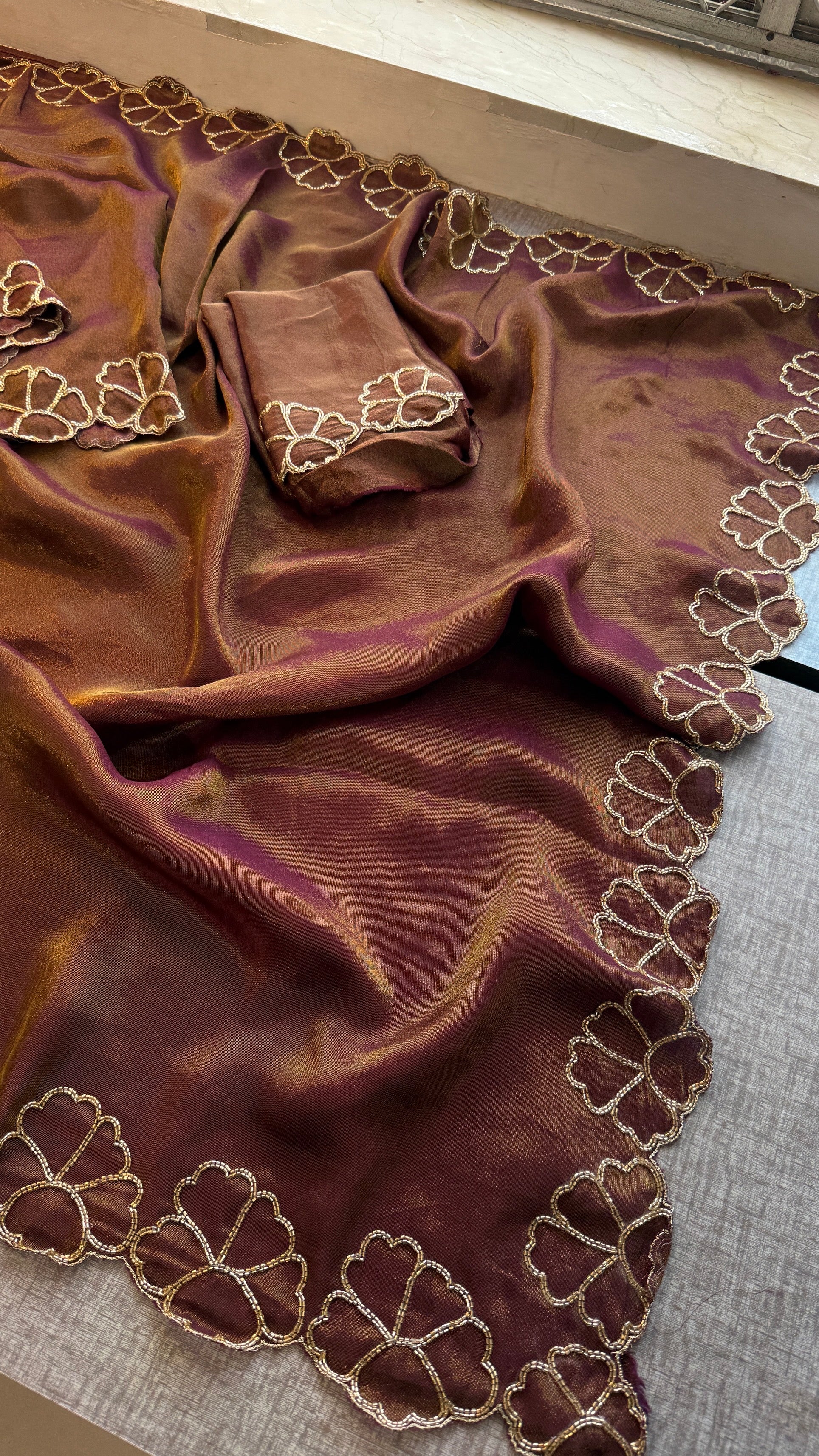 Pure Cosmo Silk Saree with Hand Kutdana Work & Designer Scallop Border – Luxury Party Wear Silk Saree
