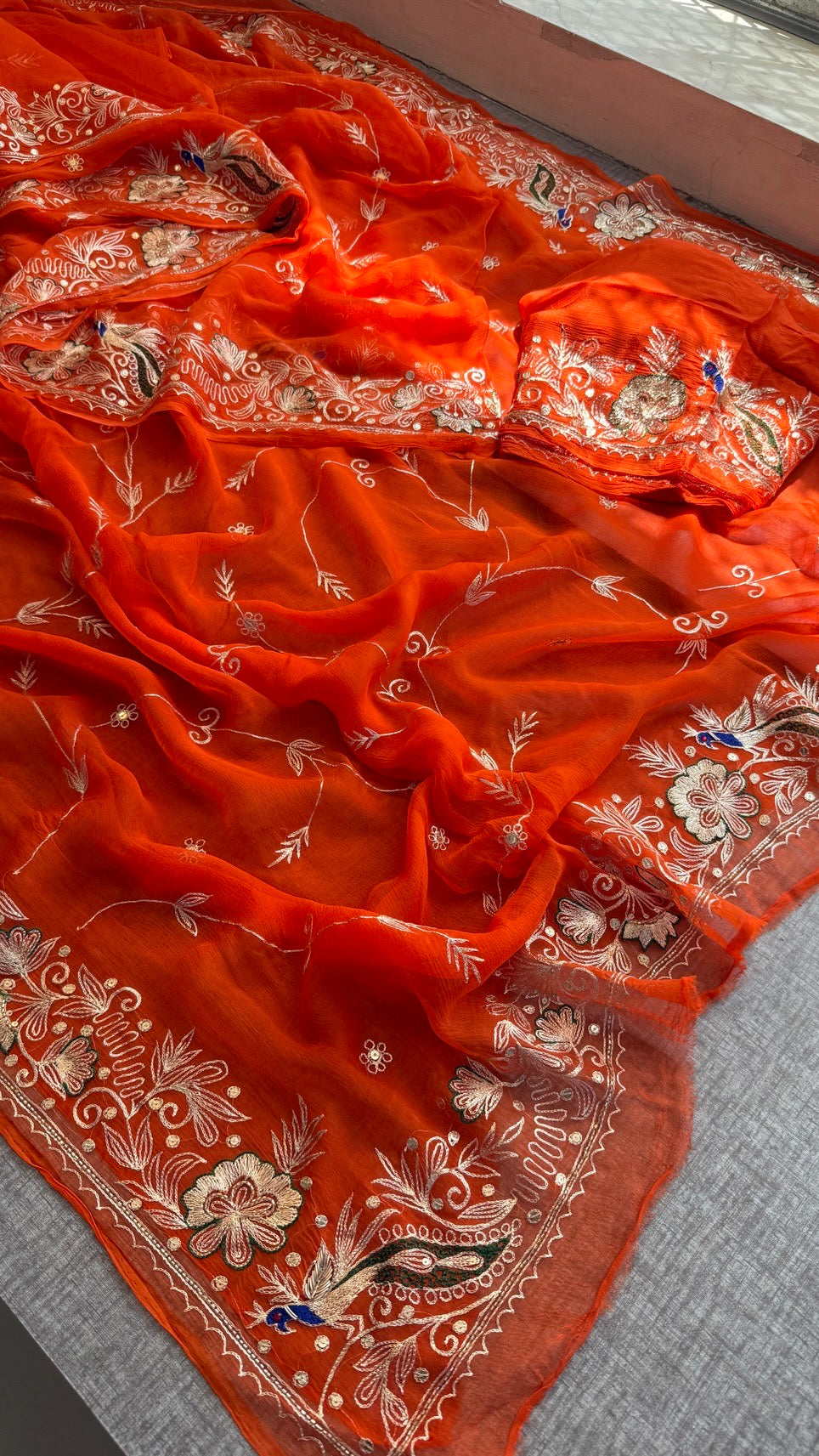 Handcrafted Chiffon Saree with Aari Pittan Peacock Work