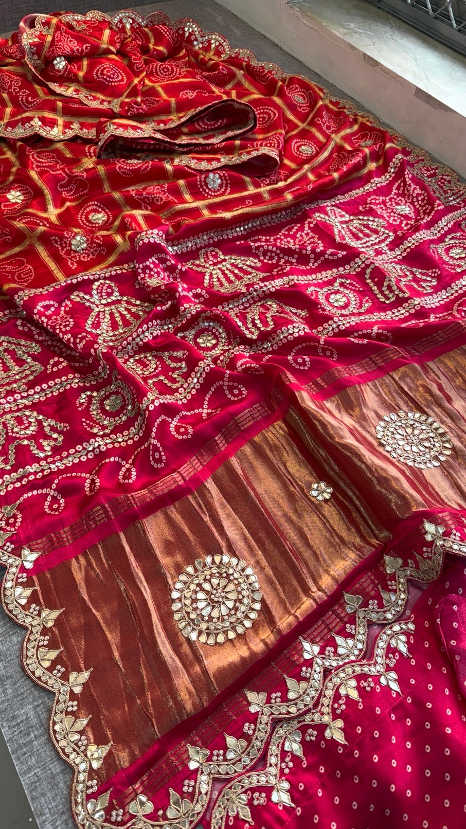 Soft Gajji Silk Lakdi Patta Digital Print Saree with Gotapatti, Zardozi, Sequins & Pearl Work Blouse