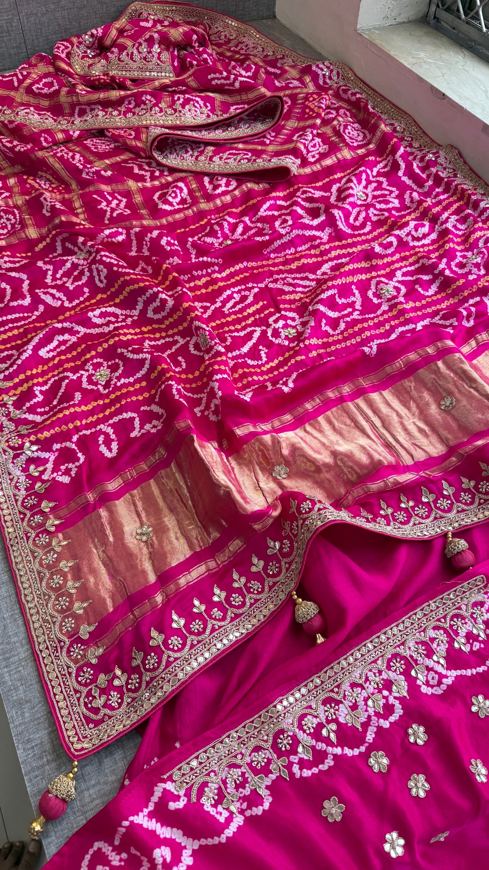 Pure Gajji Silk Bandhani Saree with Banana Wave Print & Handcrafted Gotapatti Aari Work