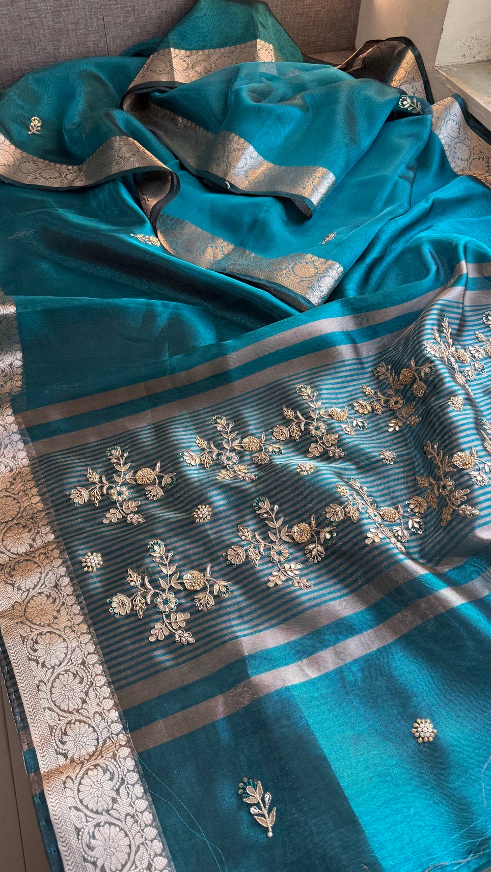 Pure Soft Silk Banarasi Weaving Saree with Zardozi Gotapatti & Pearl Sequins Pallu