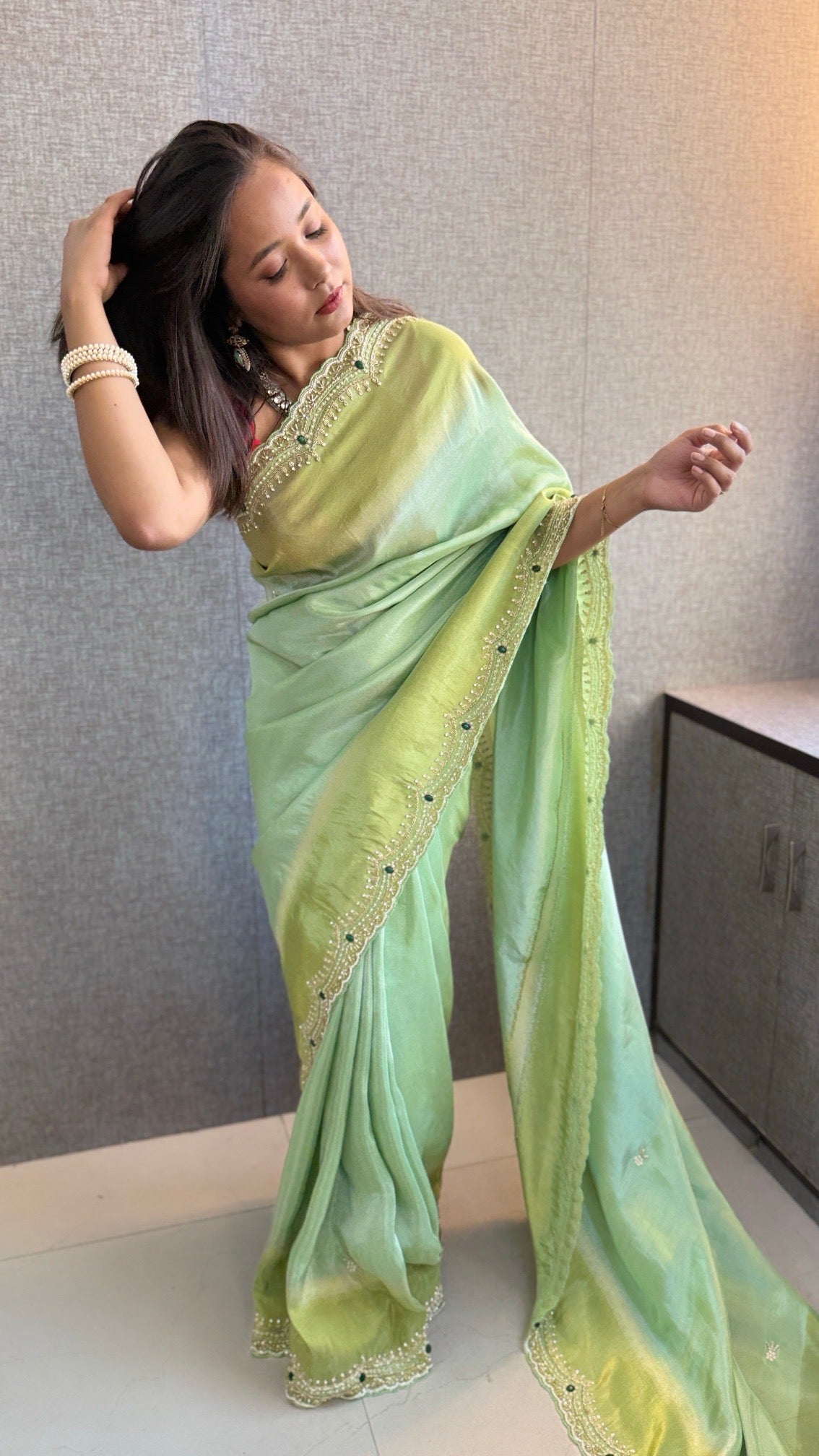 Cosmo Silk Saree with Cutdana, Pearl & Resham Work | Designer Blouse & Stone Embellished Party Wear