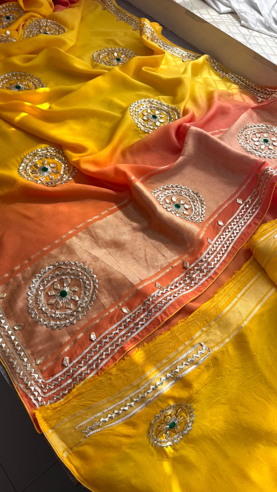 Sunshine Pure Munga Silk Rajwadi Pattern Rajasthani Jaipuri Saree with Sikhiya Gota Patti Work