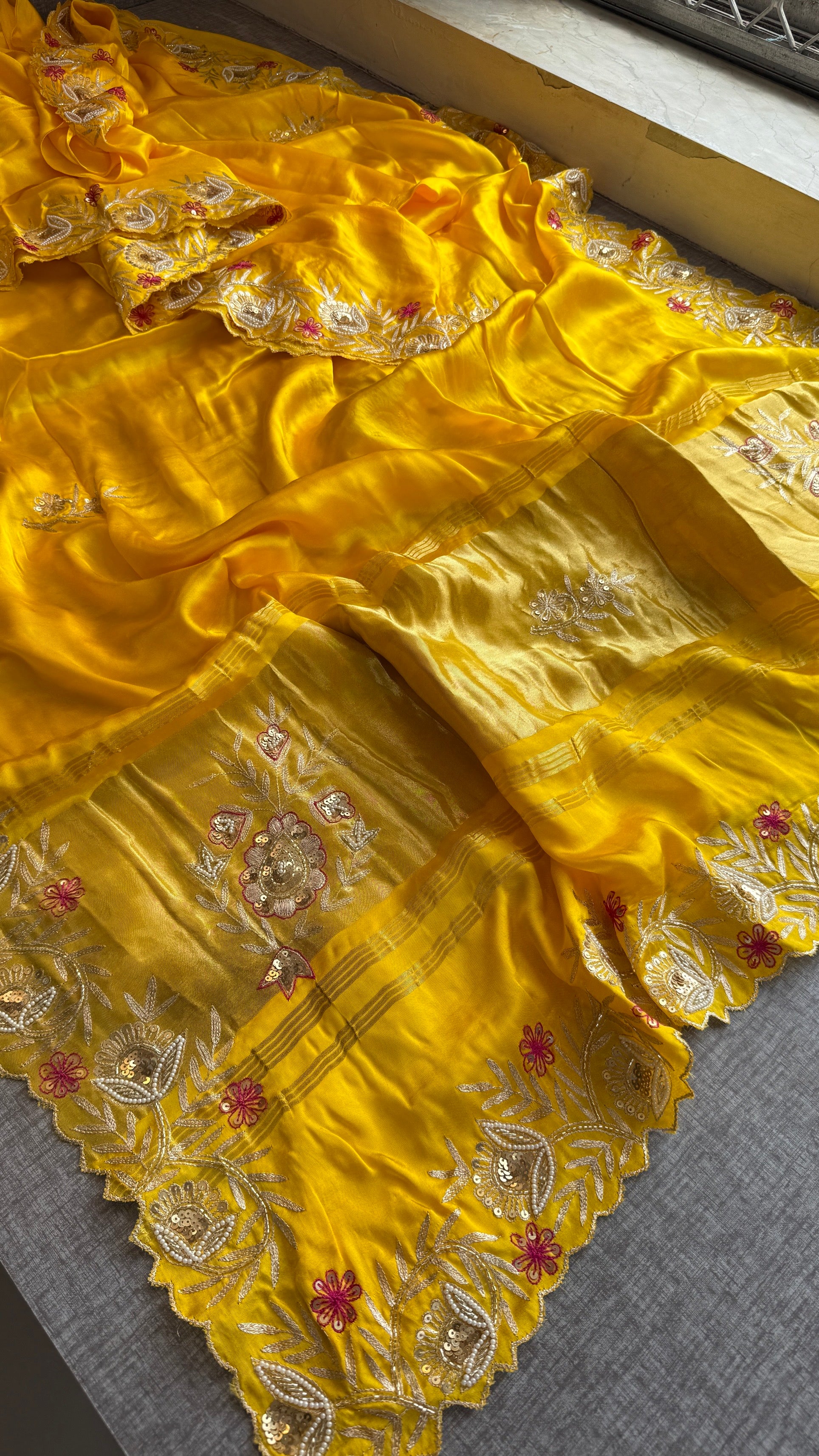 Designer Yellow Pure Gajji Silk Saree with Aari, Cutdana, and Gota Patti Handwork with Blouse