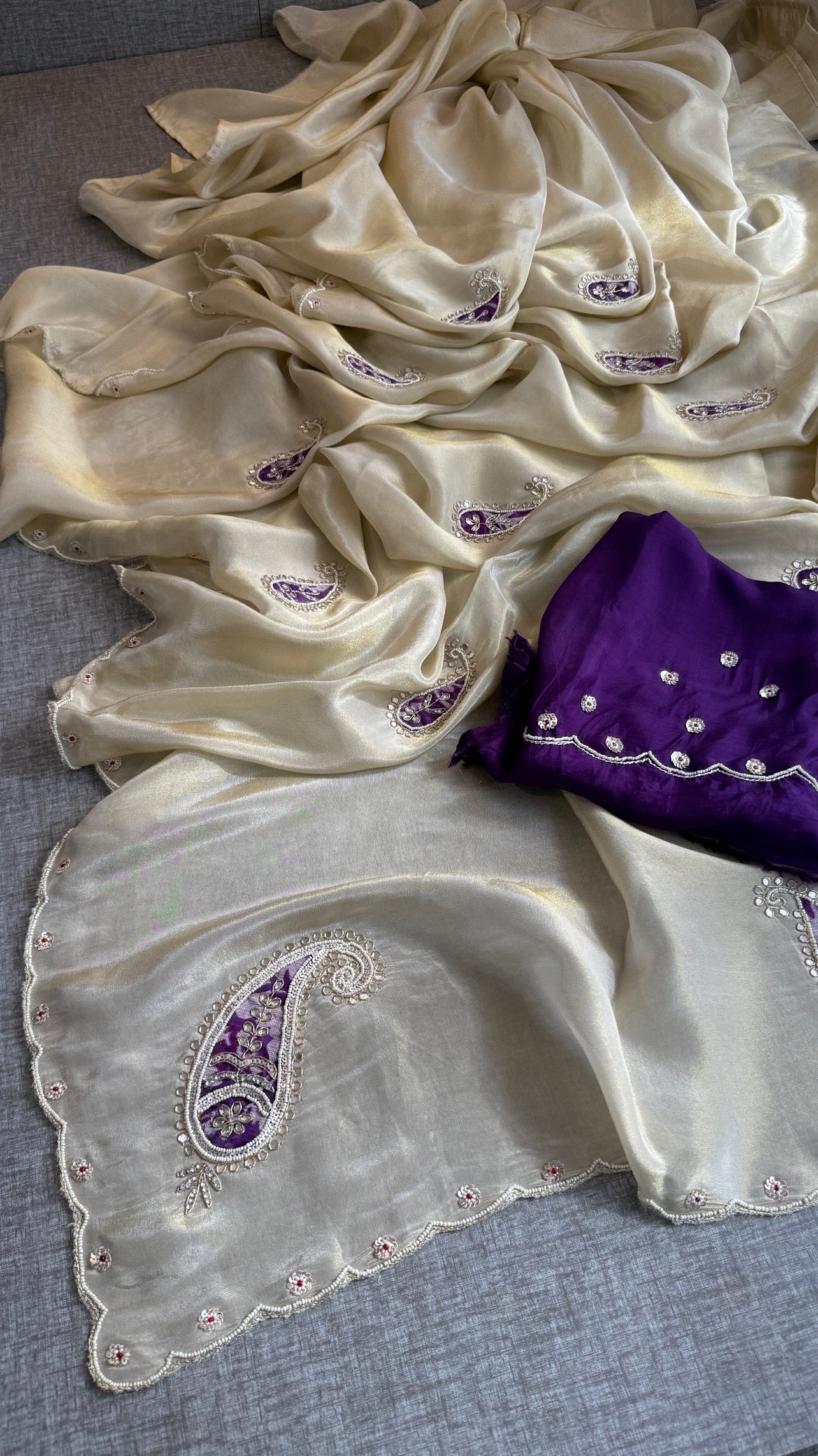 Pure Cosmo Tissue Silk Saree | Ivory & Purple Paisley Aari Work Saree | Sequin & Moti Embroidery | Scalloped Border