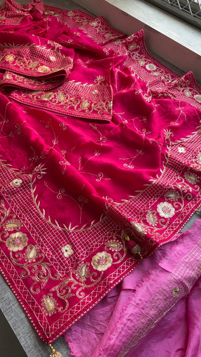 Soft Munga Silk Wedding Wear Saree with Intricate Hand Embroidery & Statement Blouse