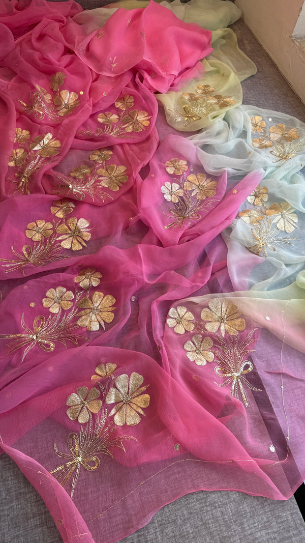 Pure Chiffon Embroidered Saree with Matching Blouse