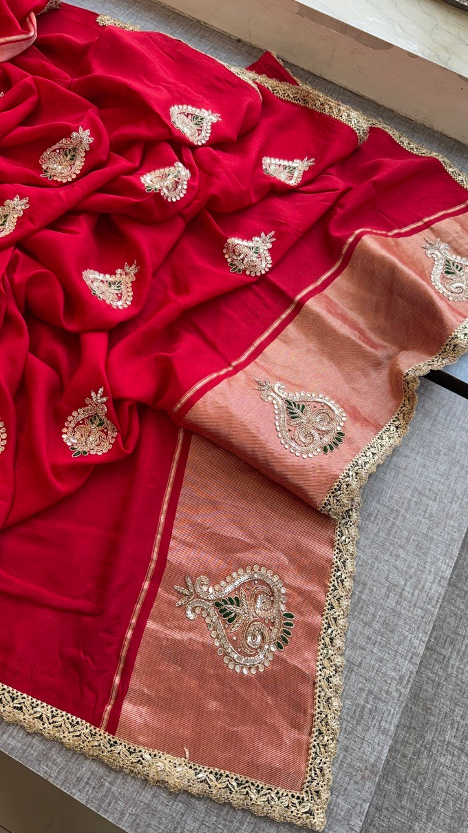 Pure Munga Silk Lakdi Patta Banarasi Saree with Gotapatti, Zardozi & Pearl Work