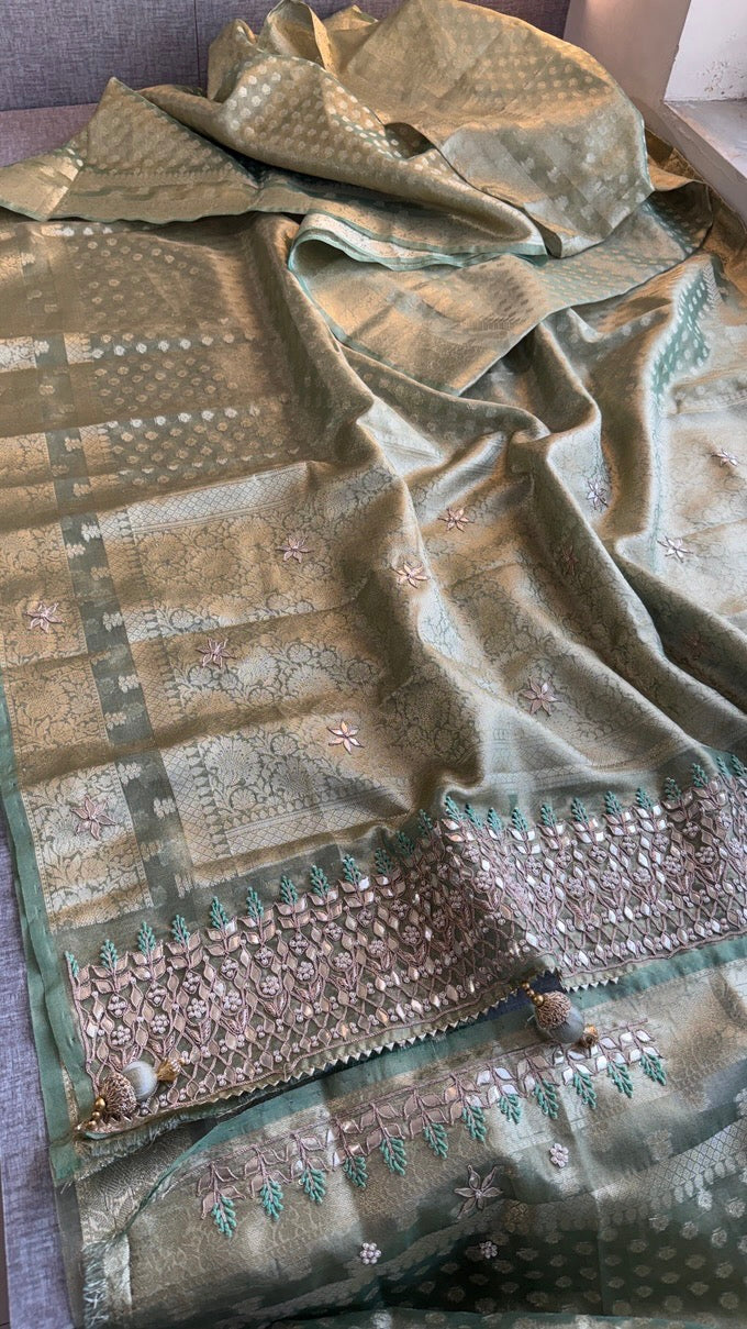 100% Soft Tissue Silk Banarasi Weaving Saree with Gotapatti, Zardozi, Pearl & Sequin Work