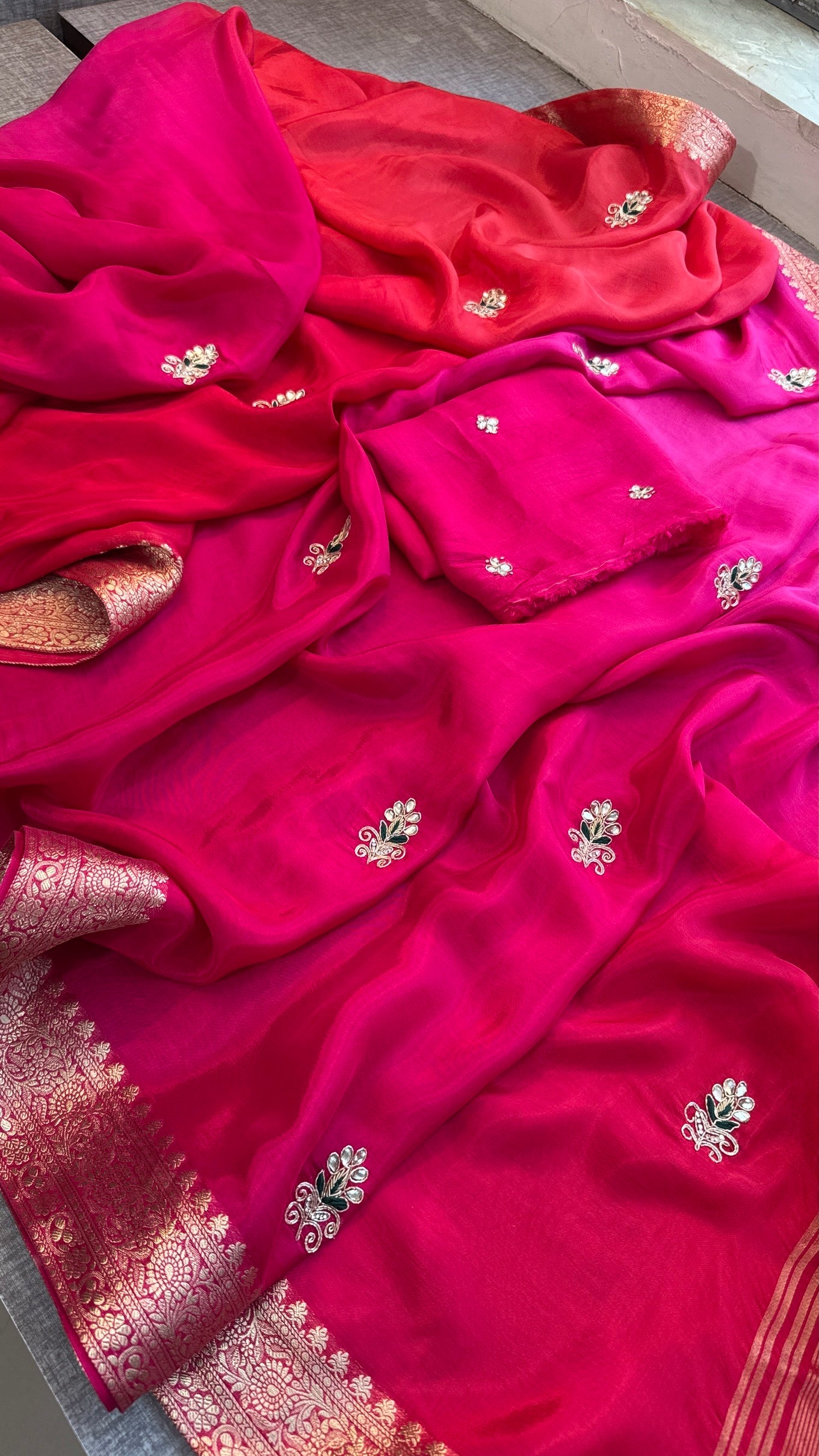 Stunning Dual-Tone Pink and Red Pure Silk Saree with Gota Patti Handwork and Banarasi Border