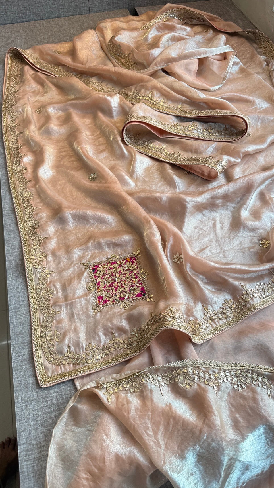 Pure Soft Crepe Silk Saree with Gota Patti, Zardozi, Pearl & Kutdana Handwork