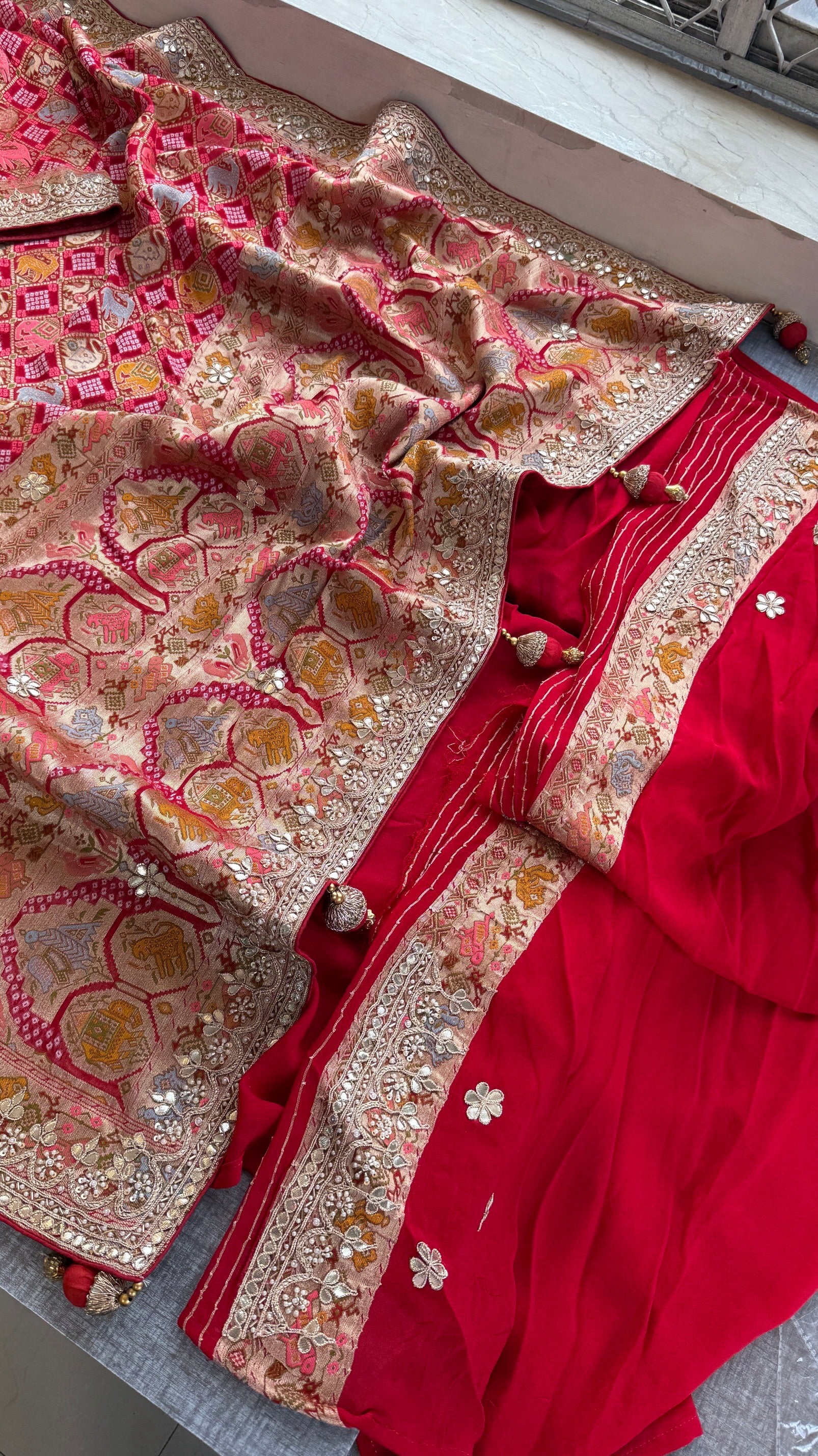 Khaddi georgette Banarasi weaving Saree with gotapatti work and tussles over pallu